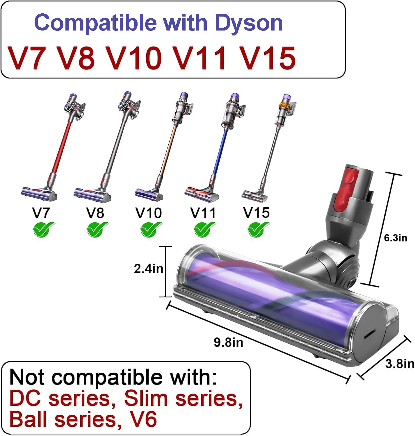 Tête de Brosse pour Dyson V7 V8 V10 V11 V15 SV10 SV11 SV12 SV14, Brosse électrique, Motorhead Remplacement Brosse Dyson, Brosse Motorisée Pour Tapis et Sols Durs et Coins étroits (FR)