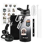 WixByti 32 oz Insulated Water Bottle with Straw (Cold for 48 Hrs), Stainless Steel Triple Wall Vacuum Sports Water Jug, Leakproof Hydro Cup Flask with Paracord Handle & Straw Spout Lids & DIY Stickers