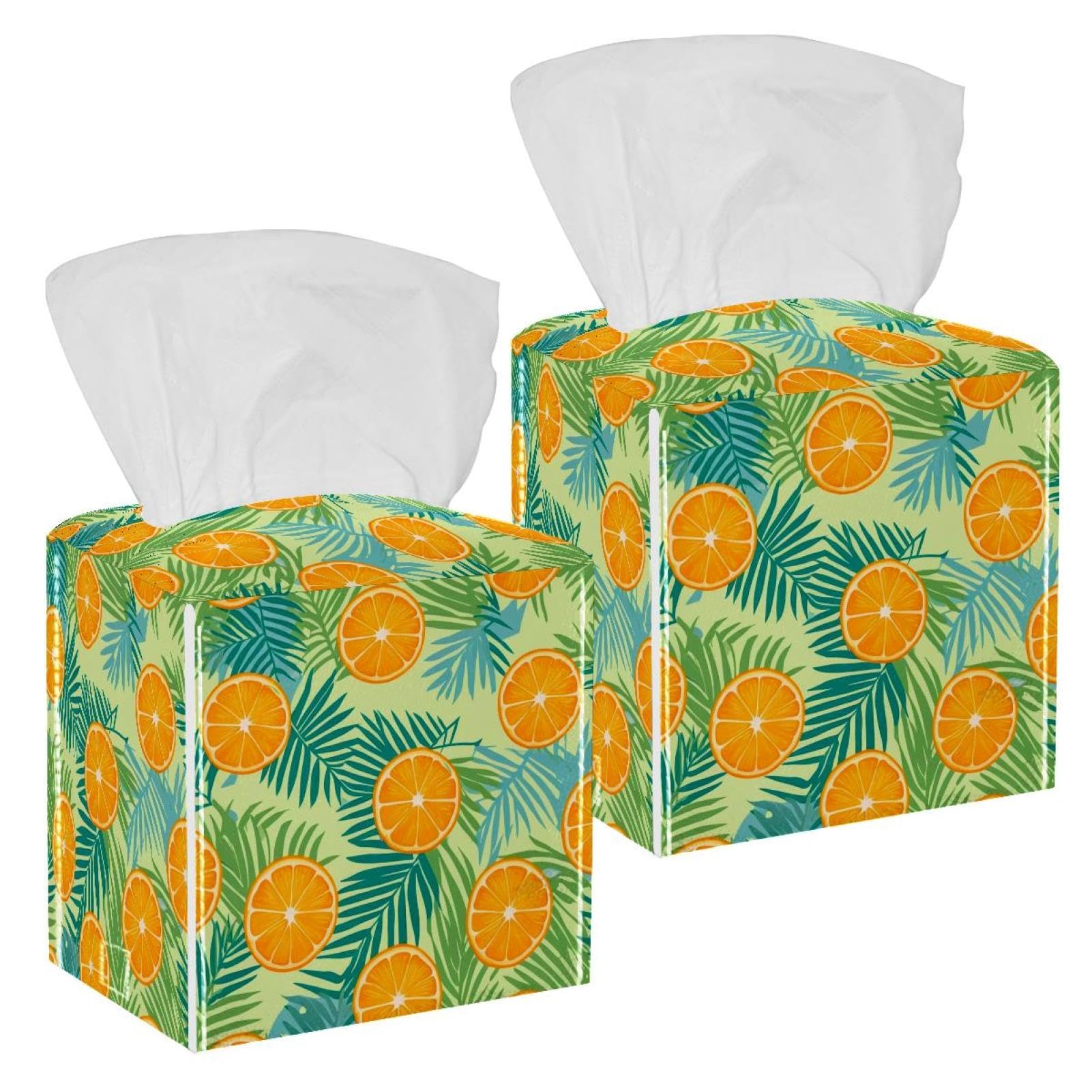 Artistic Leaves Tissue Box Cover, 2 Pack PU Leather Square Facial Tissue Dispenser Box holder for Home Office Car