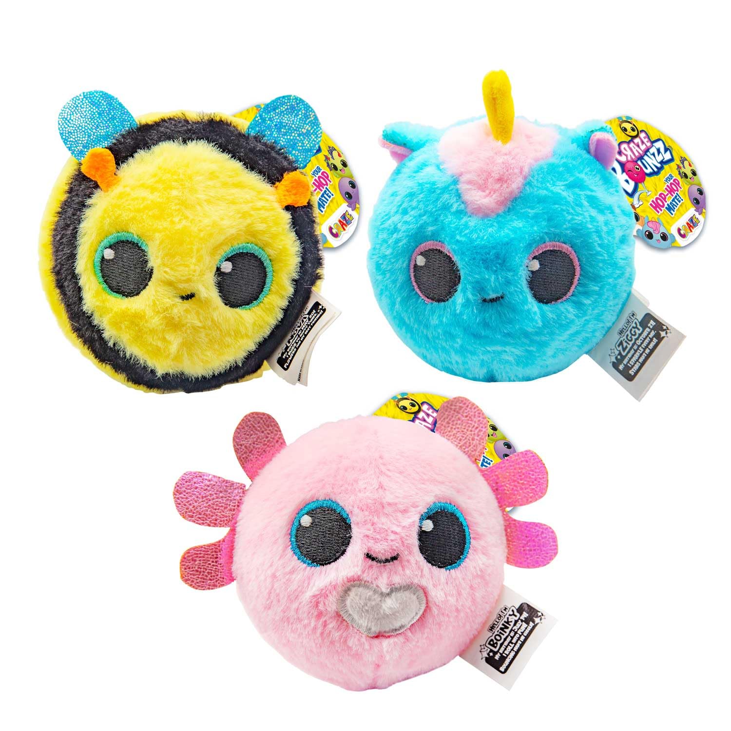 CRAZE BOUNZZ Kawaii Plushies Trio – 3-Pack Plushy Stuffed Animal Cuddly Toys,Soft Toy Set with Bouncy Ball Play - Nova, Boinky & Ziggy, 6 Farbvarianten