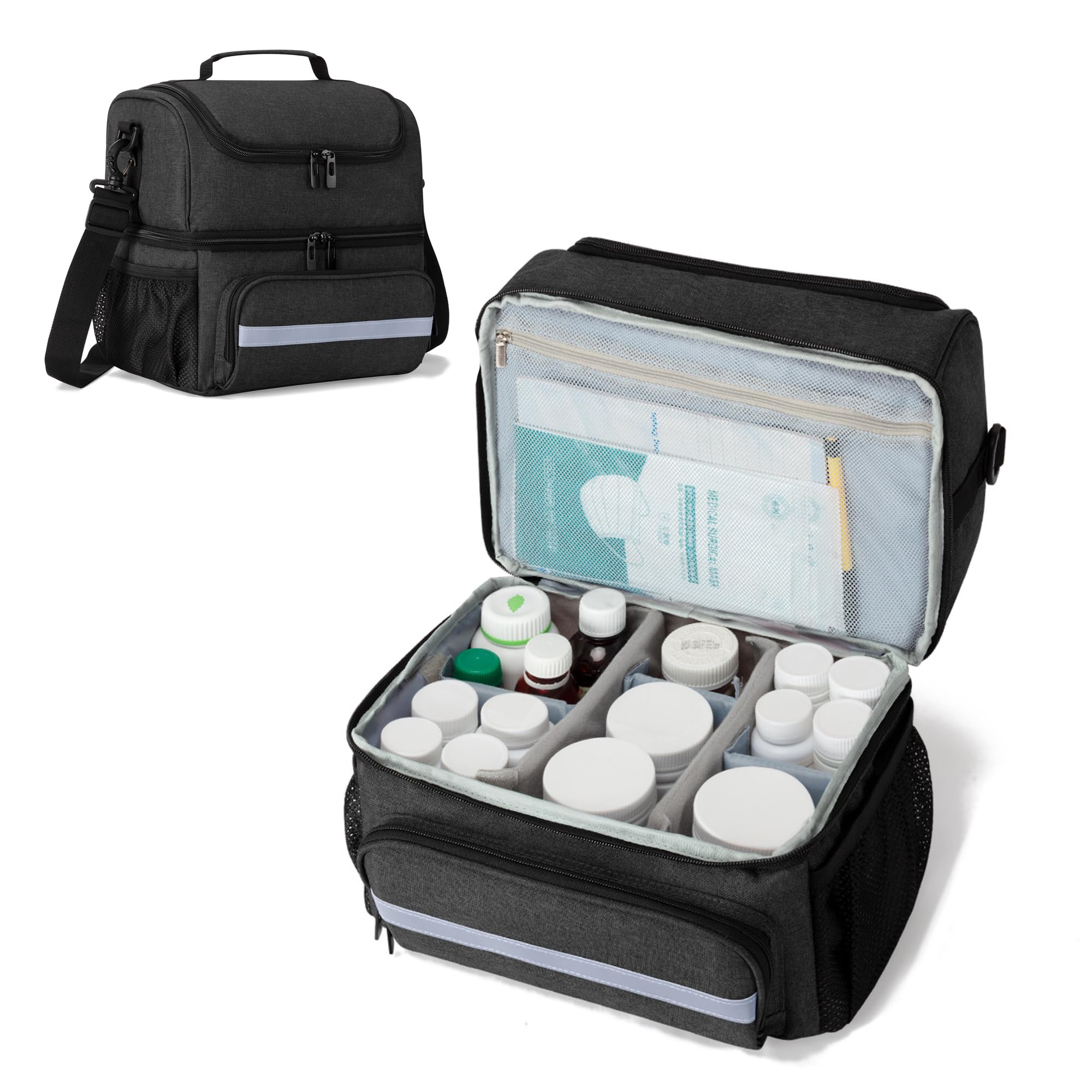 CURMIO Medicine Storage Bag, Double Layers Pill Bottle Organizer with Inner Dividers for Medication, Vitamins, Prescription Bottles, Medical Supplies,