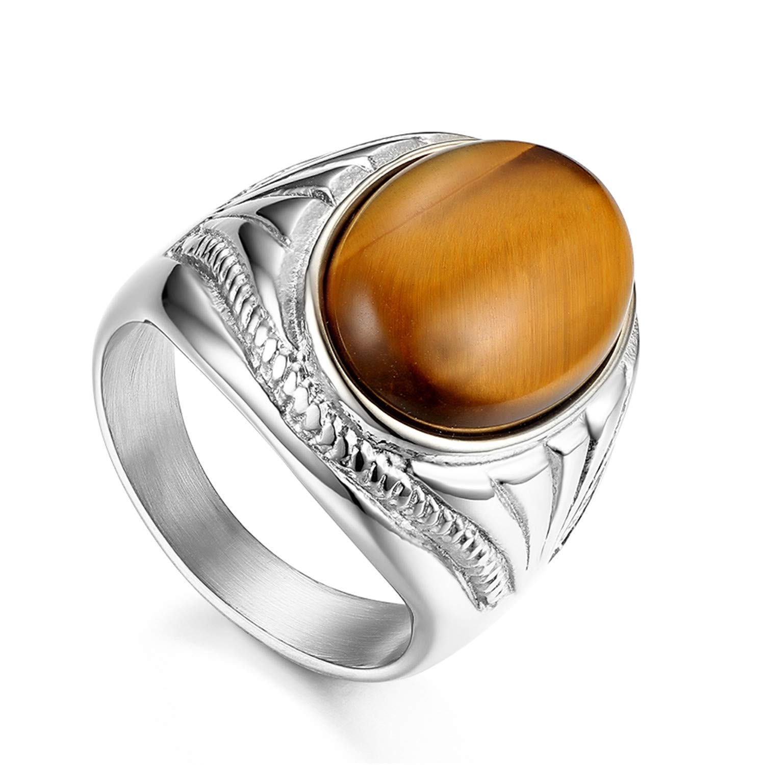 Flongo Anillo de Sello de Piedra Marrón, Anillo de Hombre Acero Inoxidable Piedra Ojo de Tigre, Grande Anillo Retro Vintage de Compromiso, Regalo Original para Hombre Talla Grande
