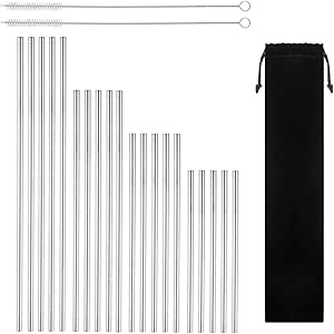 Reusable Stainless Steel Drinking Straws, 20 Pcs 4 Size - 6.3'' 7.1'' 8.5'' 10.5'', Long Short Smoothie Drinking Straight Straws With 2 Brushes and Carry bag, Fit for 20/30 oz Tumblers