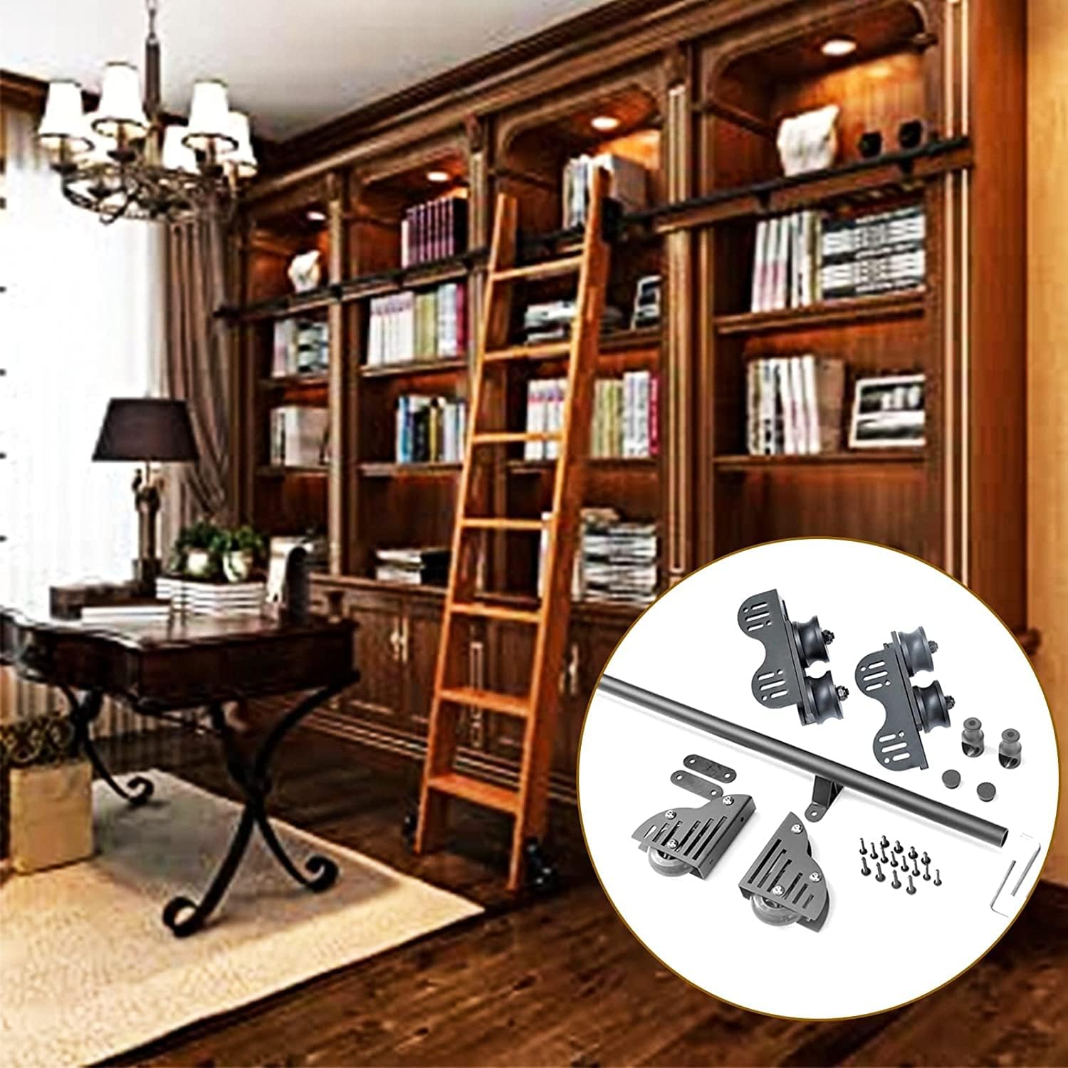 Rolling Ladder Library Full Set Hardware Track 3.3ft-20ft,Retractable Sliding Barn Door Complete Kit (No Ladder),Round Tube Mobile Ladder Rail for Loft/Home/Indoor/Bookstor,with Floor Roller