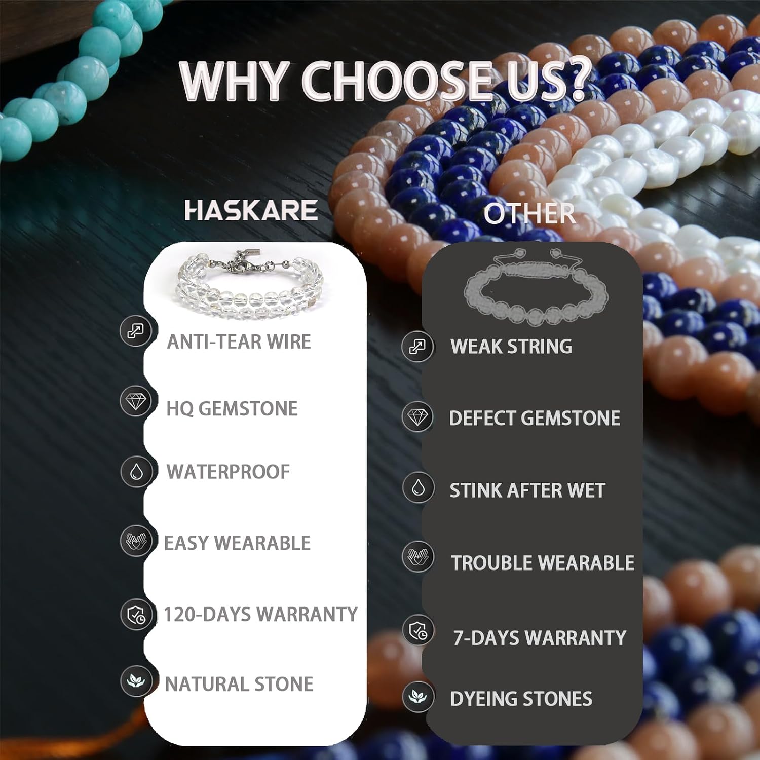 HASKARE Real Crystal Bracelet for Women Protection, Healing Energy Beaded Bracelet for Women 6mm Stone Clear Quartz with Durable Wire Adjustable Clasp, Unique Women Jewelry Gift for Mom Girldfriend