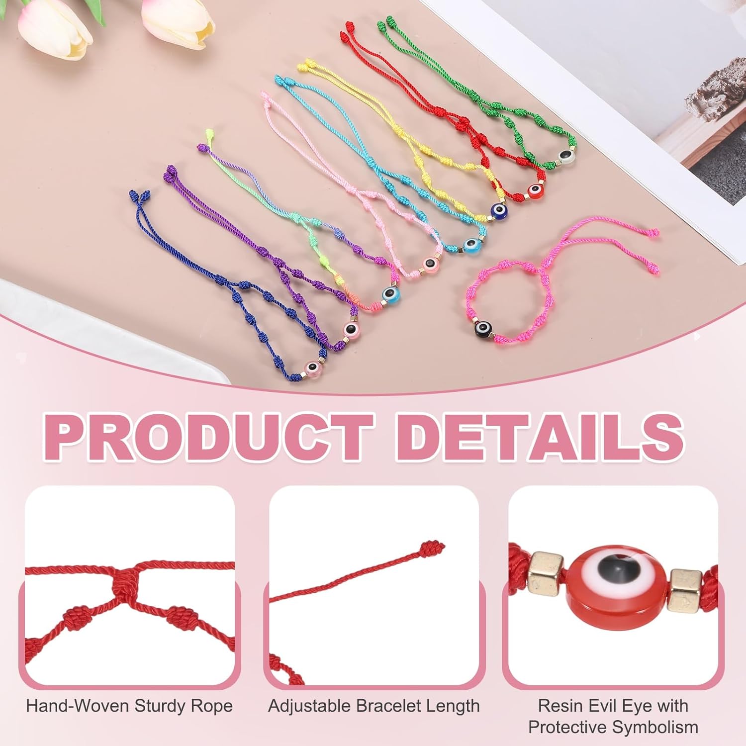 MECCANIXITY Evil Eye Bracelet, Handmade Knots Braided Rope String Adjustable Evil Eye Good Luck Bracelet Set with Card & Mesh Bag - Image 3