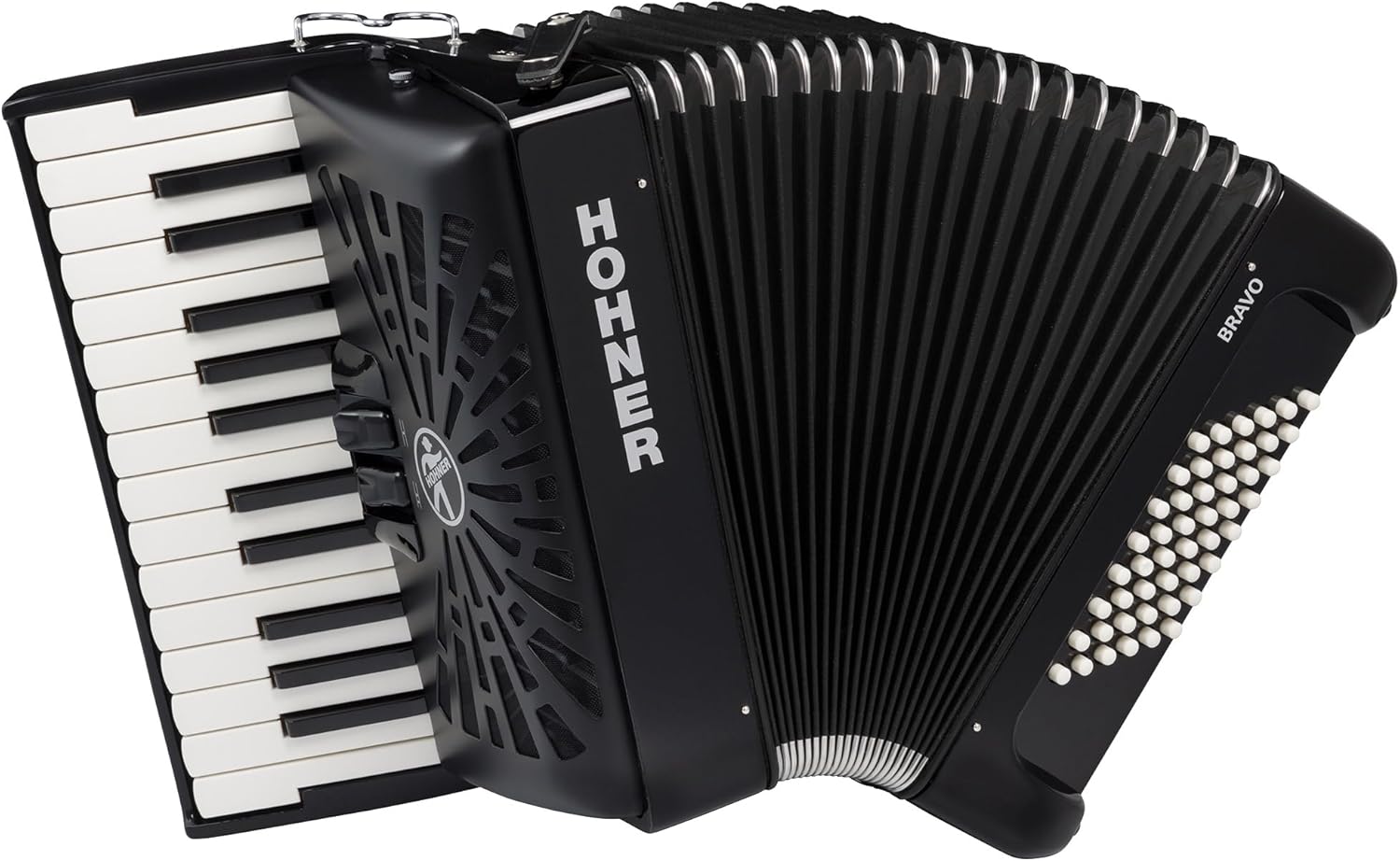 Hohner Bravo II 48 Chromatic Piano Key Accordion - Black Bundle with Hard Case, Gig Bag, Adjustable Straps, and Austin Bazaar Polishing cloth