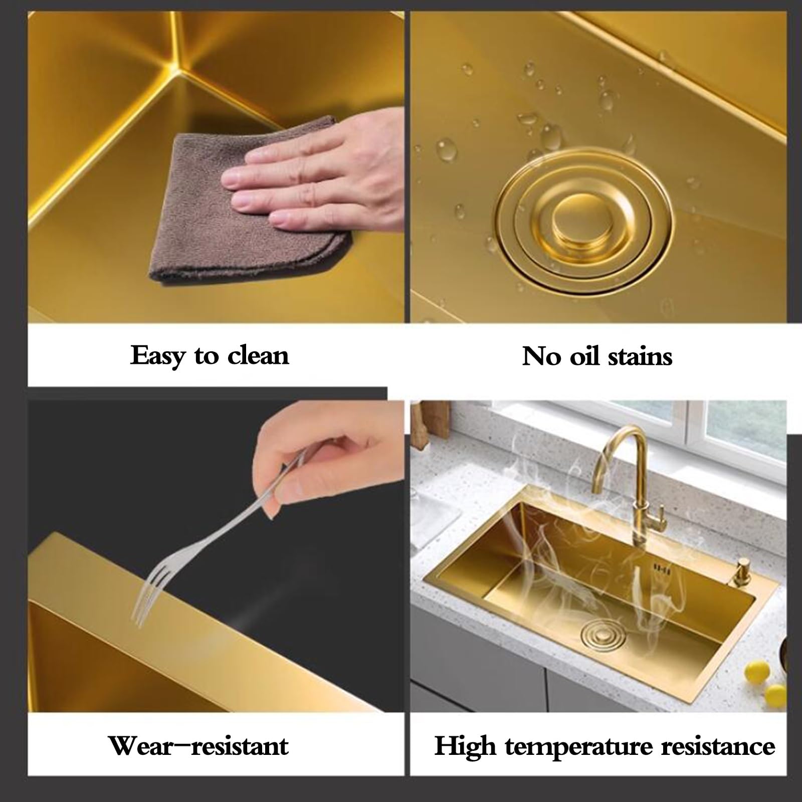 Fregadero de acero inoxidable dorado para cocina con cesta de drenaje, lavabo para lavavajillas para cocina, apartamento, restaurante, fregaderos de un solo seno de varios tamaños, fregaderos para pi