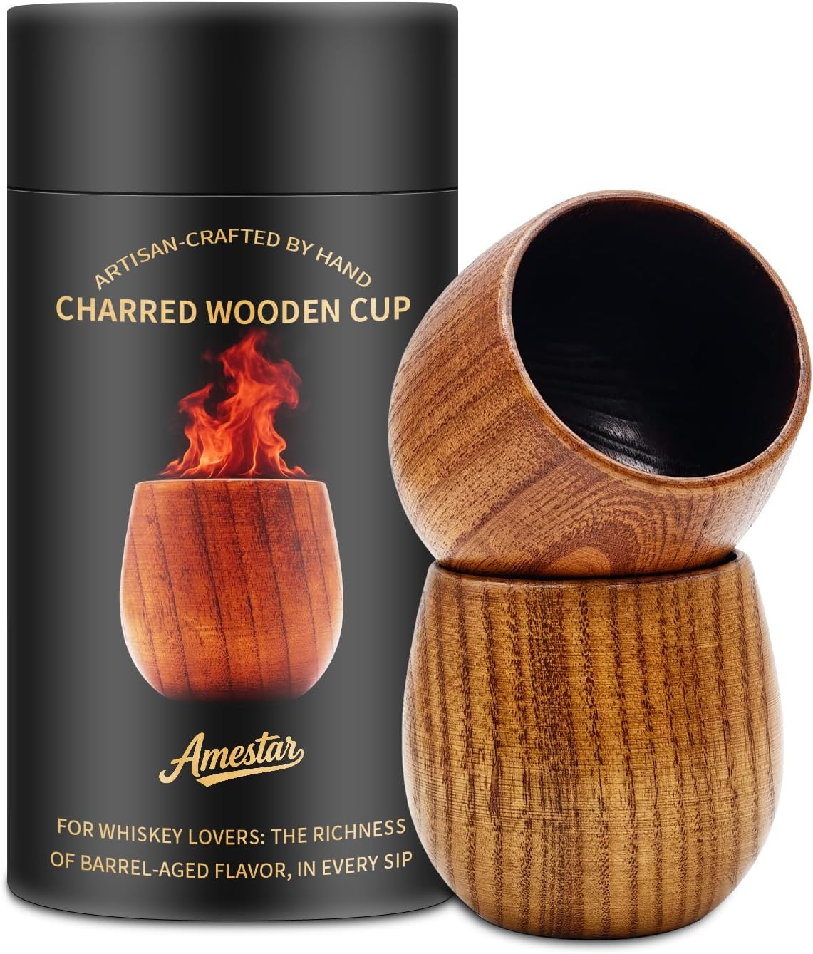 2 Pack Charred Wooden Bourbon Drinking Glass, Whiskey Rock Tumbler, Heavy Bottom Wooden Old Fashioned Tumbler, Unique Grain Whiskey Glasses, Bourbon Gifts for Men, Great Gifts