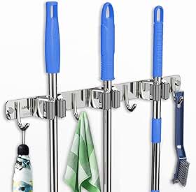 LUMAI Suporte de Vassoura Rodo Aço Inox 304 com 7 Ganchos, Organizador Vassoureiro de Parede, Acessórios em Silicone, Fixação Segura para Pendurar, Porta Vassouras Sem Danos à Parede – Prata