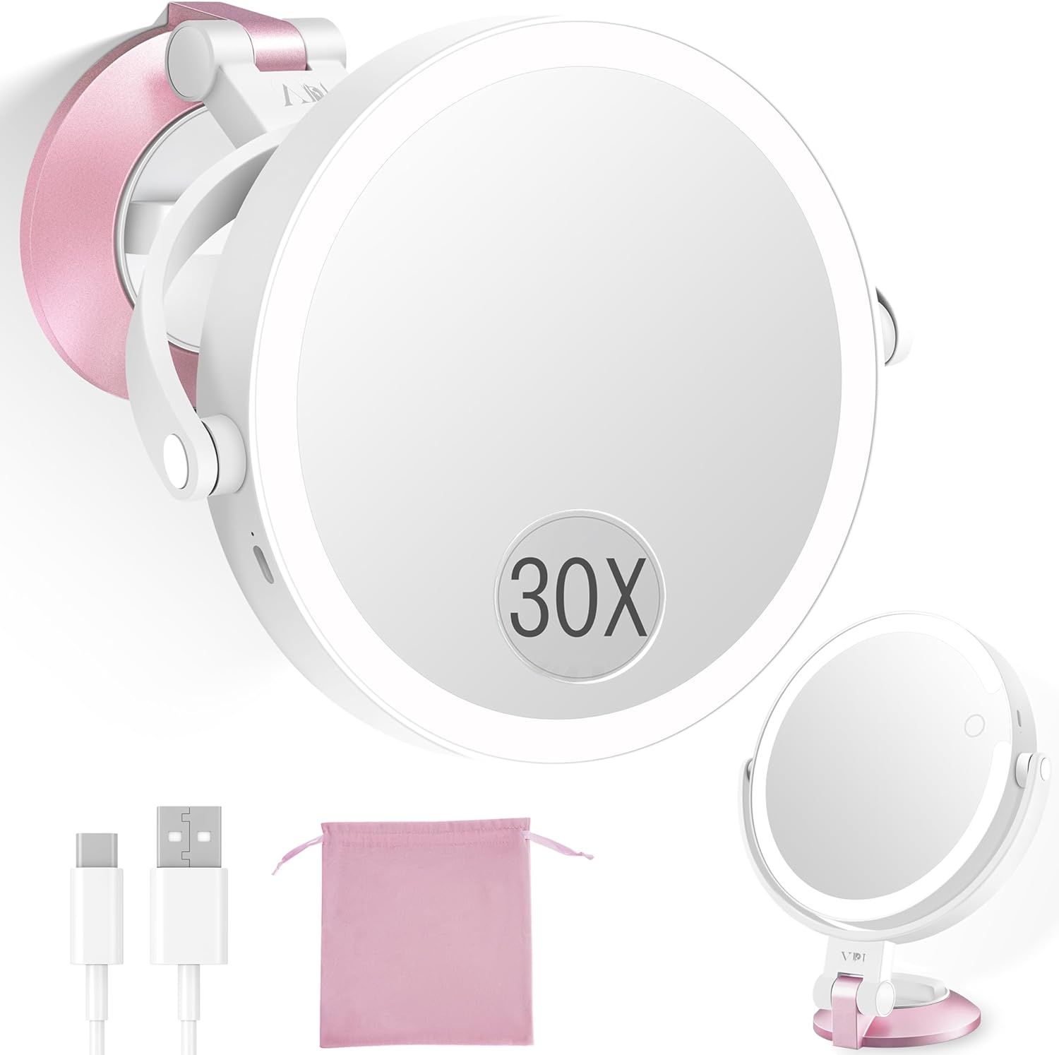 30x/1x wall mounted magnifying makeup mirror with power suction cup, rechargeable double sided regular hd/magnification 3 color modes adjustable brightness mirror with lights for bathroom, travel