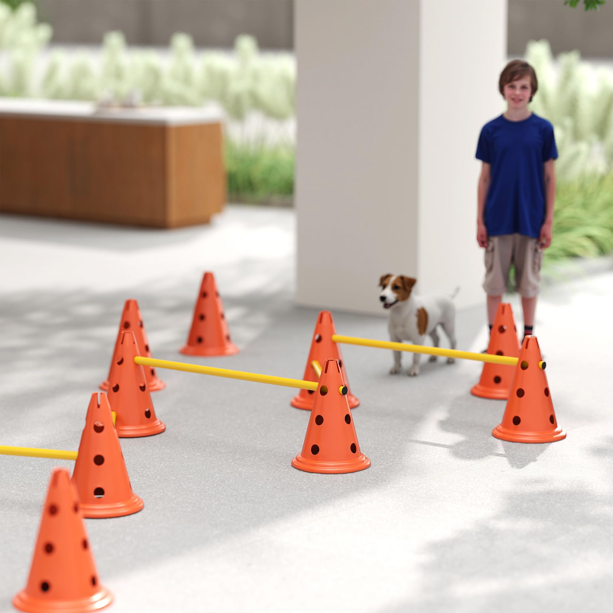 PawHut Set Agilidad Perros 6 Piezas Equipo 12 Conos Naranja | 6 vallas de altura ajustable, bolsa transporte, set entrenamiento para perros