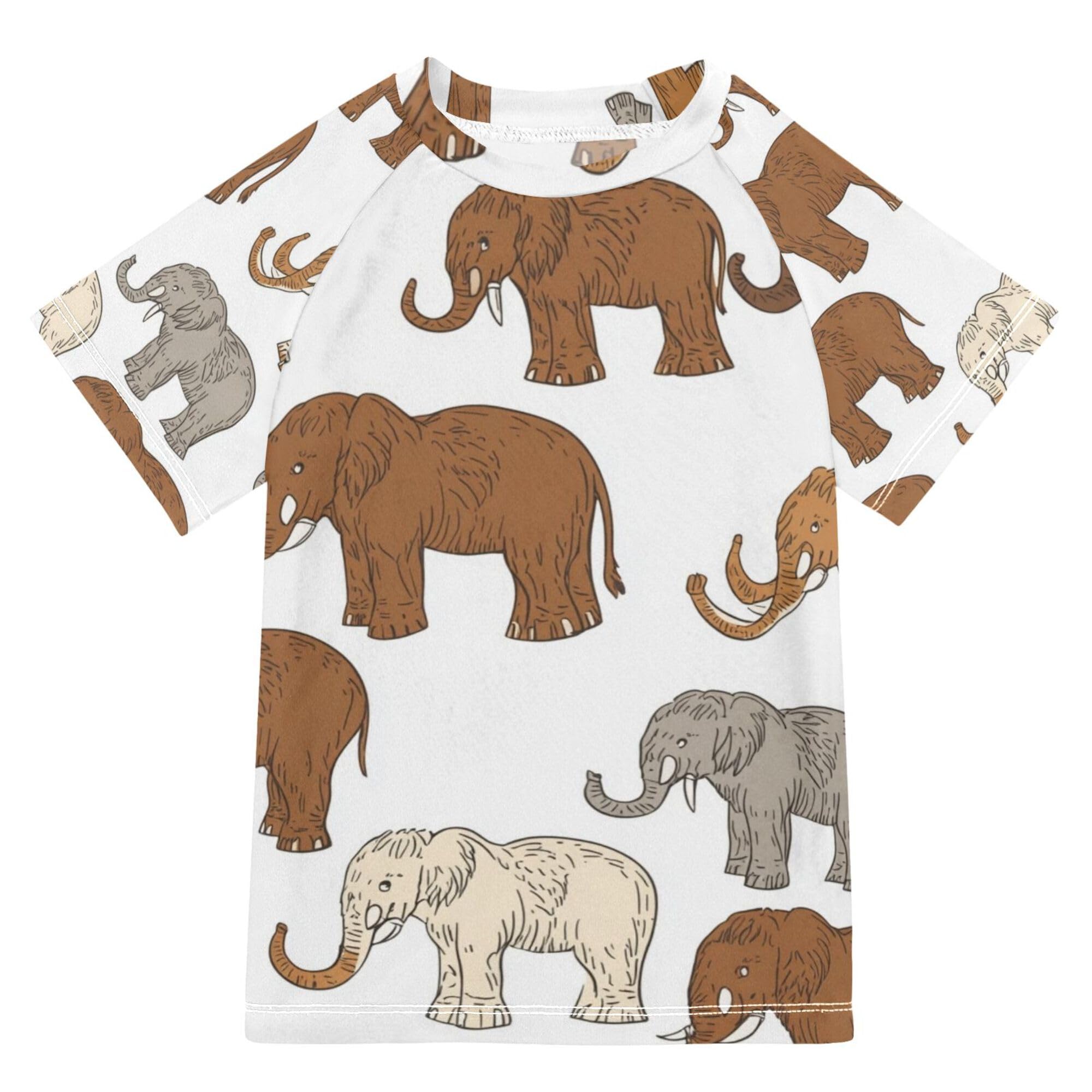 Glaphy Brown White Mammoth Boys Rash Guard Swim Shirt Short Sleeve Swimwear UPF 50+ Quick Dry Rashguard Shirts