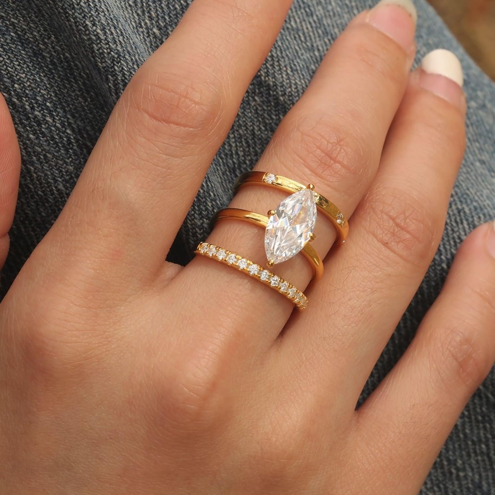 Anello di fidanzamento da donna, set di 3 anelli con taglio marchese 3 carati moissanite oro giallo 14 carati, misura 60 (19,1)