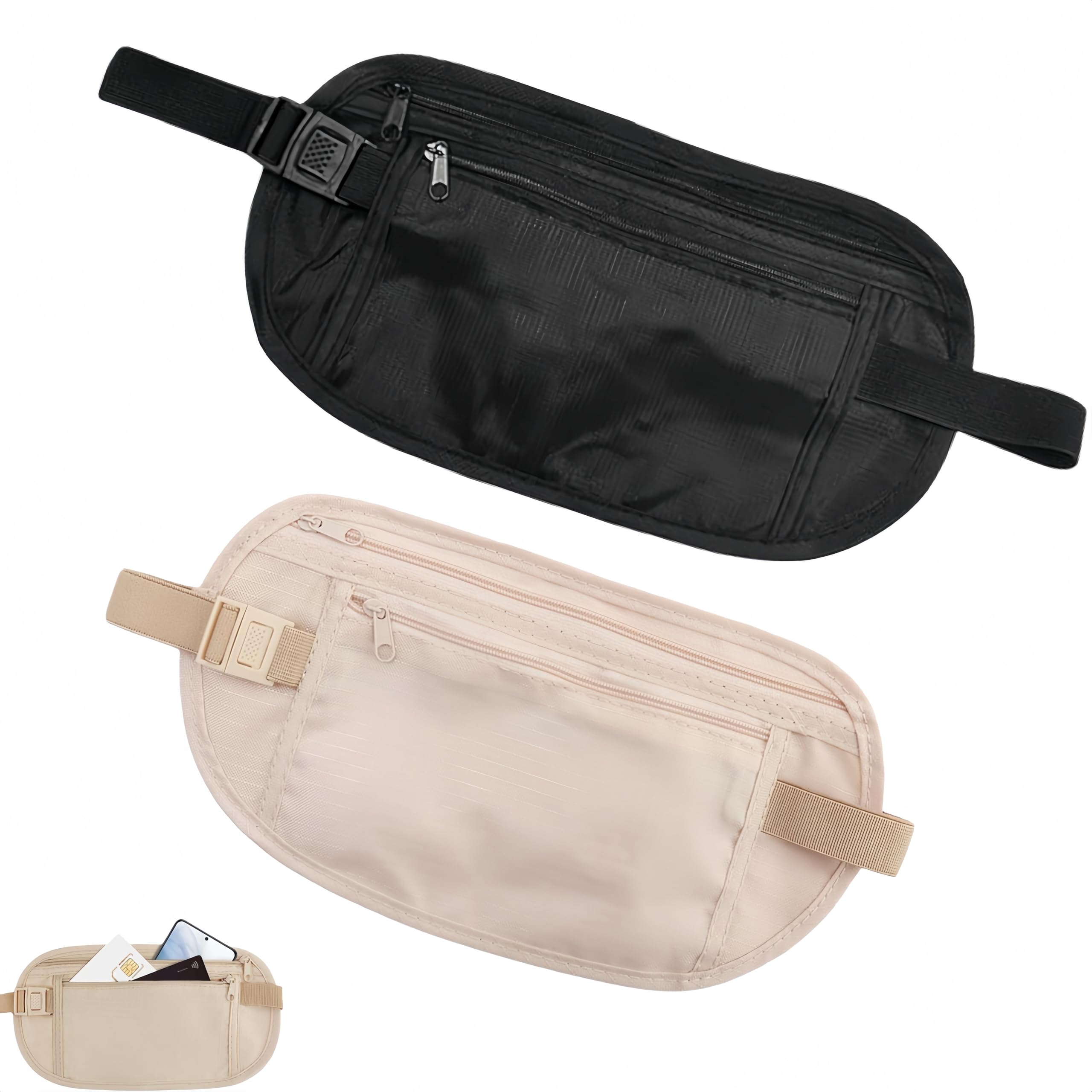 Zpeiran Men's Black/Beige/Light 2 Pack Anti-Theft Money Belt For Travel,Blocking Hidden Waist Pouch,Secure Passport Wallet For & Wo