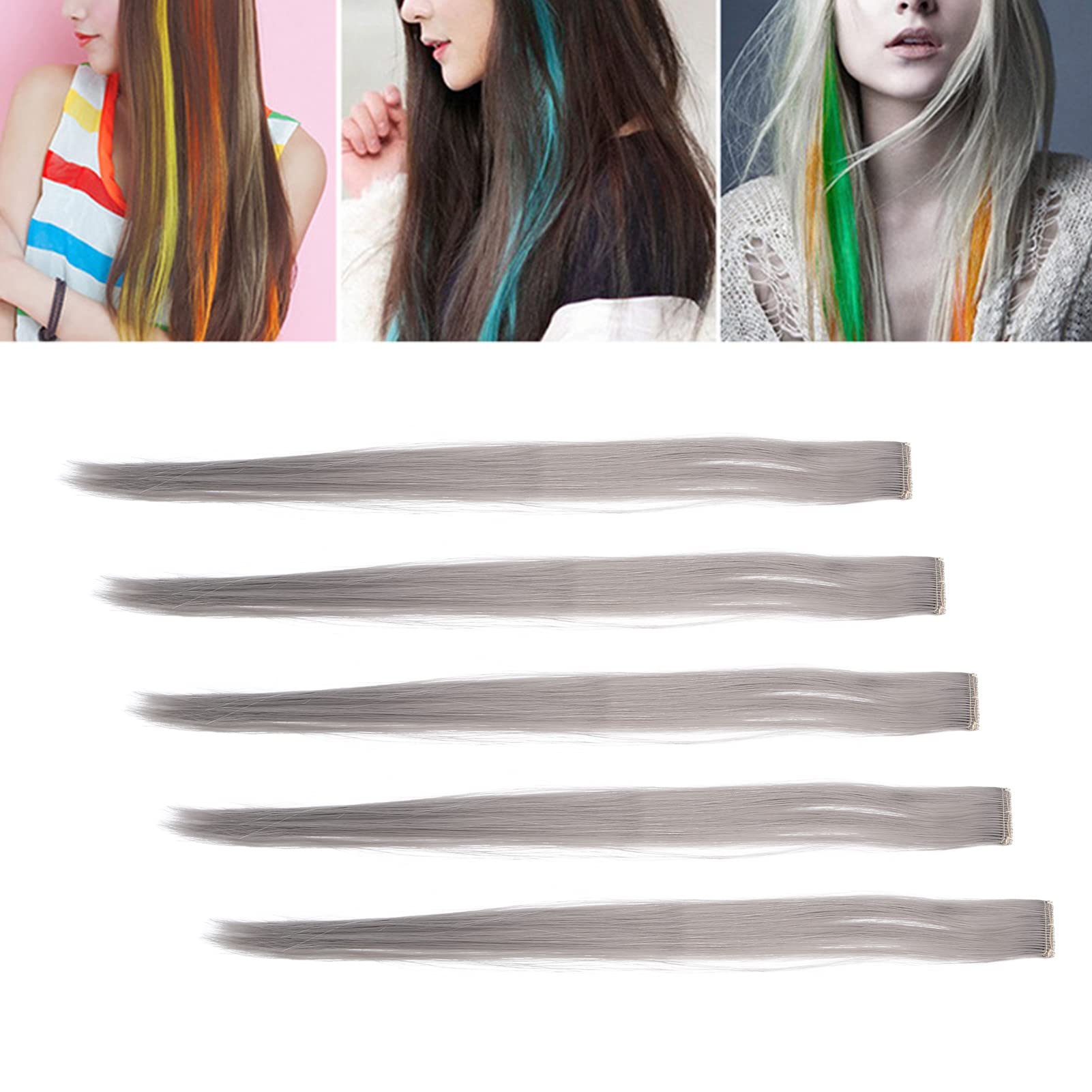 Colored Hair Clip, Rainbow Hair Extensions, Colored Clip in Hair Extensions Highlight, 5pcs Straight Hairpiece Clip Bright Color 21.65inch Hair Extension Hairpiece for Cosplay Party (Gray)