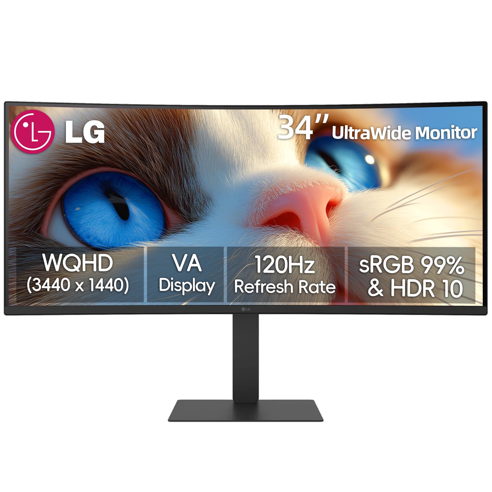 LG 34 Inch UltraWide Curved Monitor, WQHD(3440 x 1440), VA Display, 120Hz, 5ms, HDR10, 99% s RGB, Reader Mode, DisplayPort & HDMI, Built-in Speaker, Tilt/Height/Swivel Adjustment, Black 34"-120Hz-WQHD