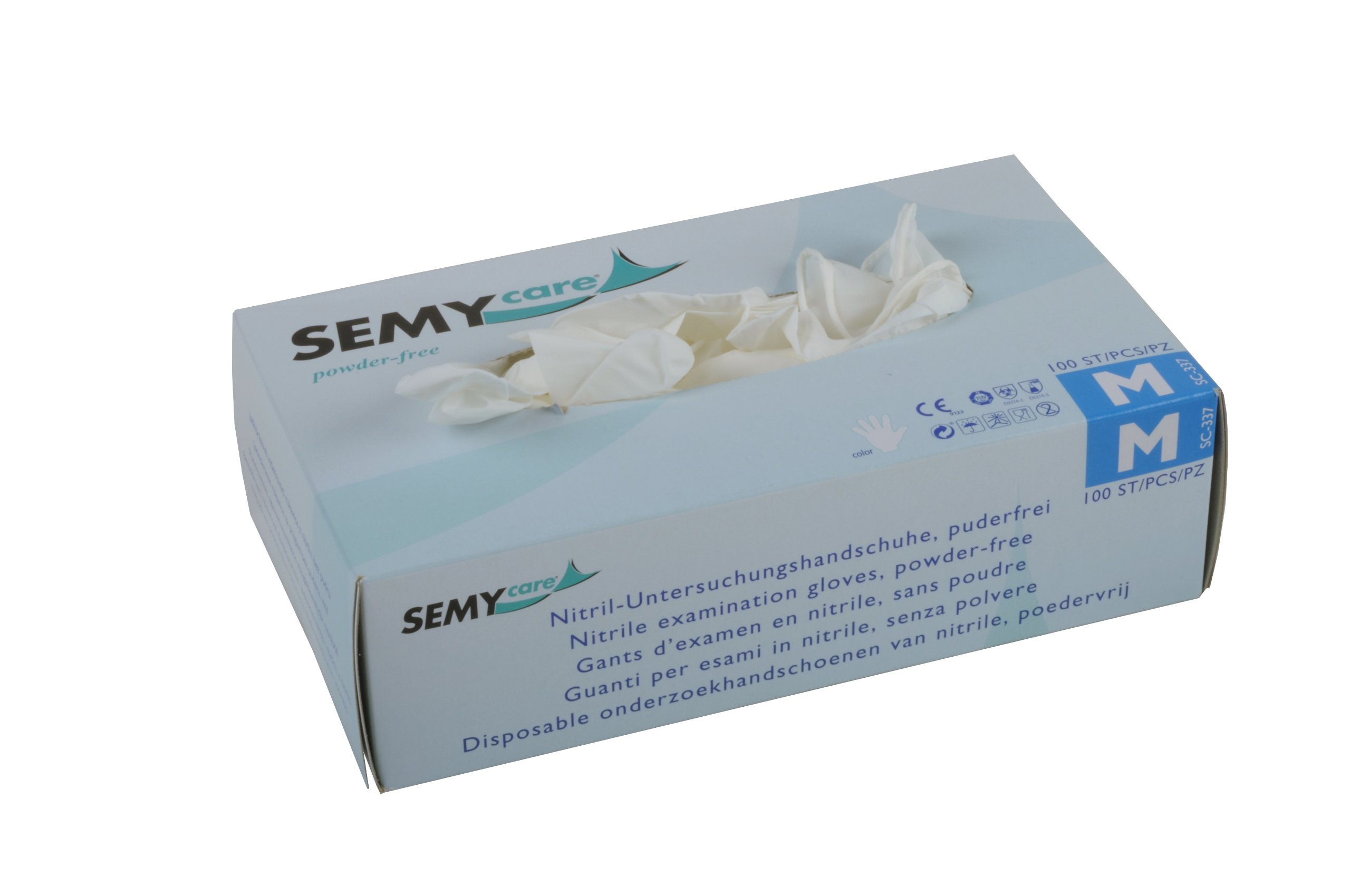 Semy cura senza talco guanti monouso in nitrile taglia M a norma AQL 1.5 (10 confezioni da 100 guanti) bianco