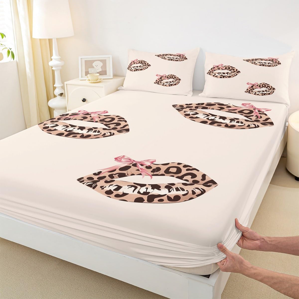 Sexy Lips Kids Fitted Sheet Full Size,Leopard Print Cheetah Skin Wild Animal Rustic Bedding Set,Girls Women Room Decor,Cute Bowknot Princess Bed Cover,Beige Bed Sheet,2 Pillowcases(No Flat Sheet)
