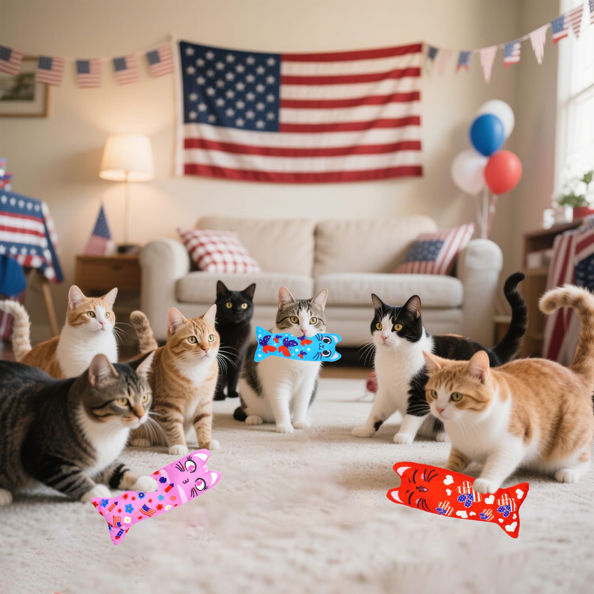 Brinquedos Para Gatos 4 De Julho - Kit 6 Peças Com Catnip E Som Crinkle Para Gatinhos