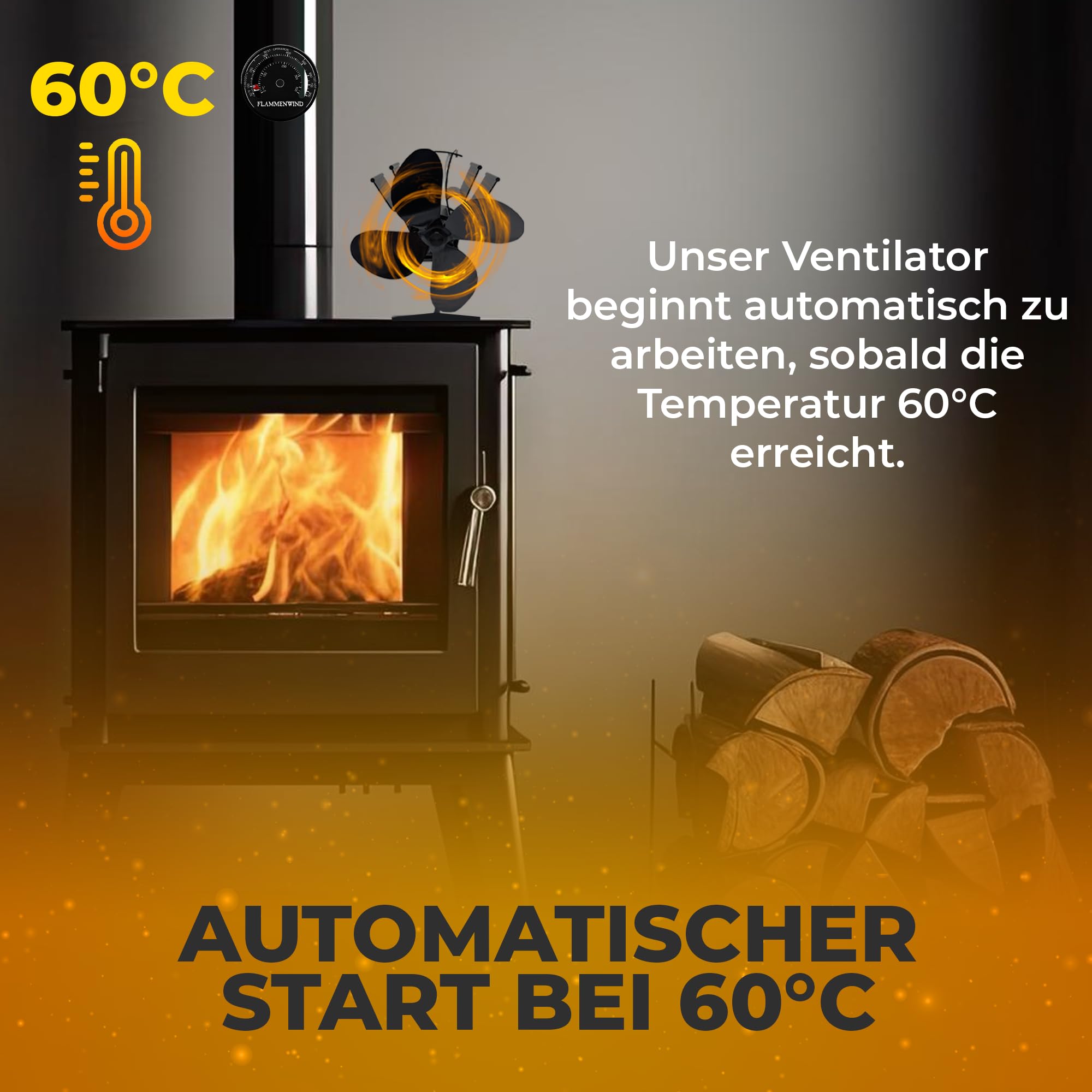 Ventilatore per camino senza corrente, con termometro e scatola per fiammiferi