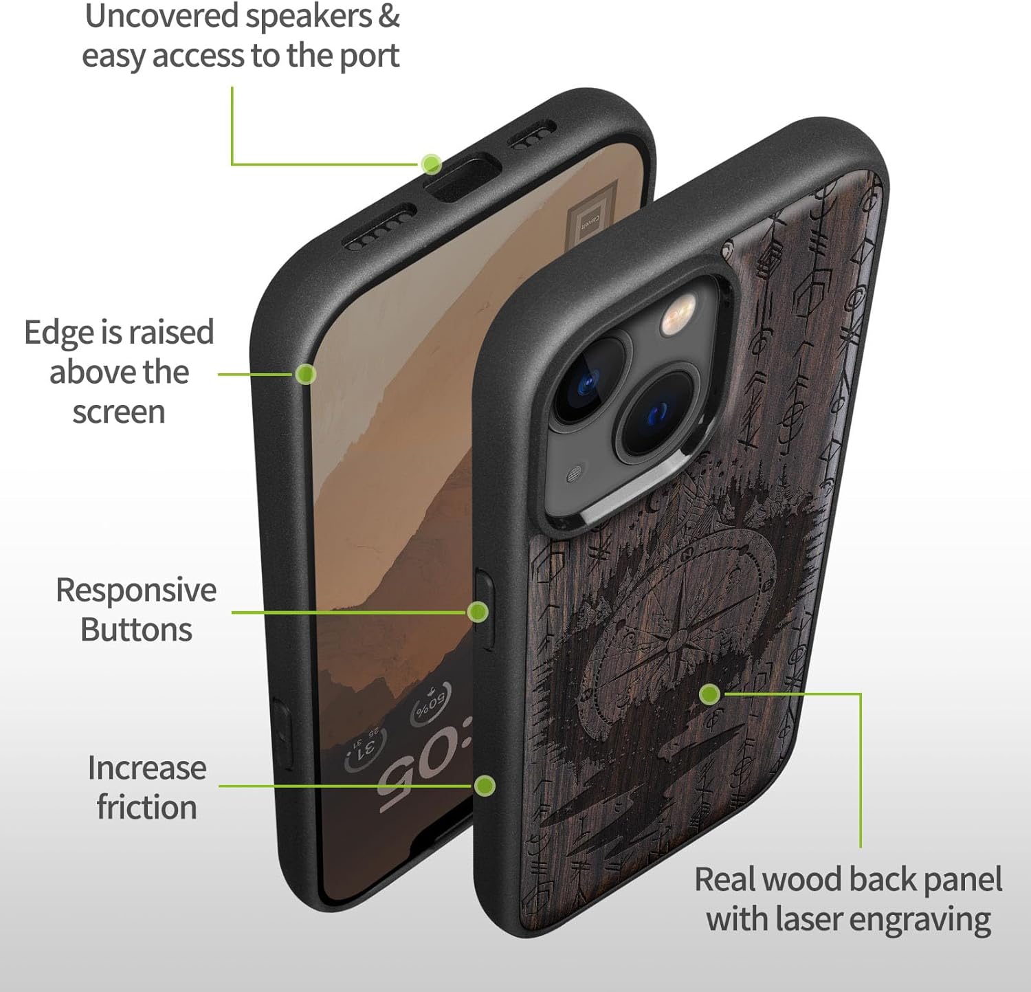 Carveit Magnetic Wood Case for iPhone 14 Case [Natural Wood & Black Soft TPU] Shockproof Protective Cover Unique Wooden Case Compatible with magsafe (Compass Adventure -Blackwood)
