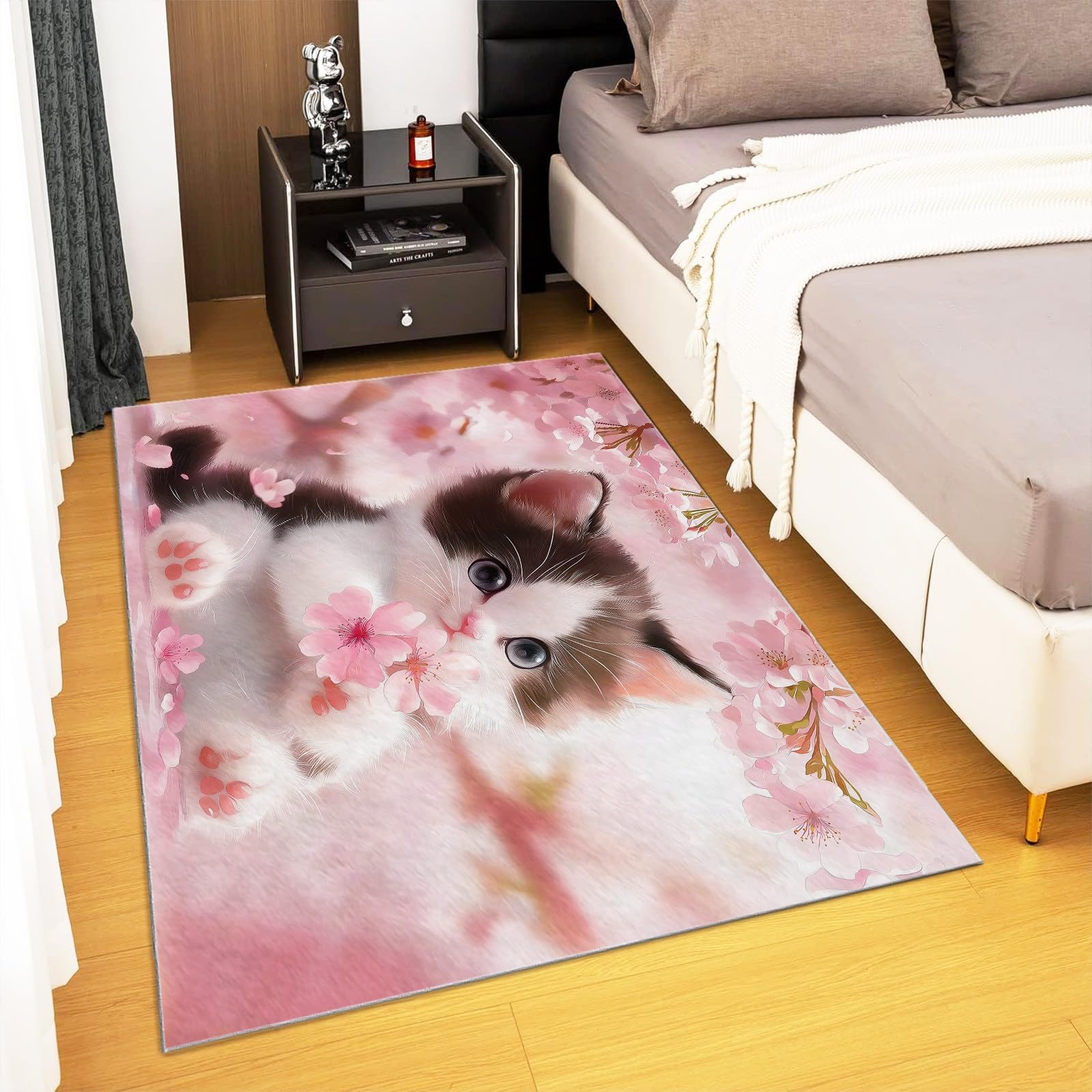 Alfombra para Salón Gato De Dibujos Animados con Flores Rosas 120x180cm Alfombras Lavable Moderna Comedor Cocina Habitación, Alfombra Pelo Corto Fácil de Cuidar, Alfombra Grande