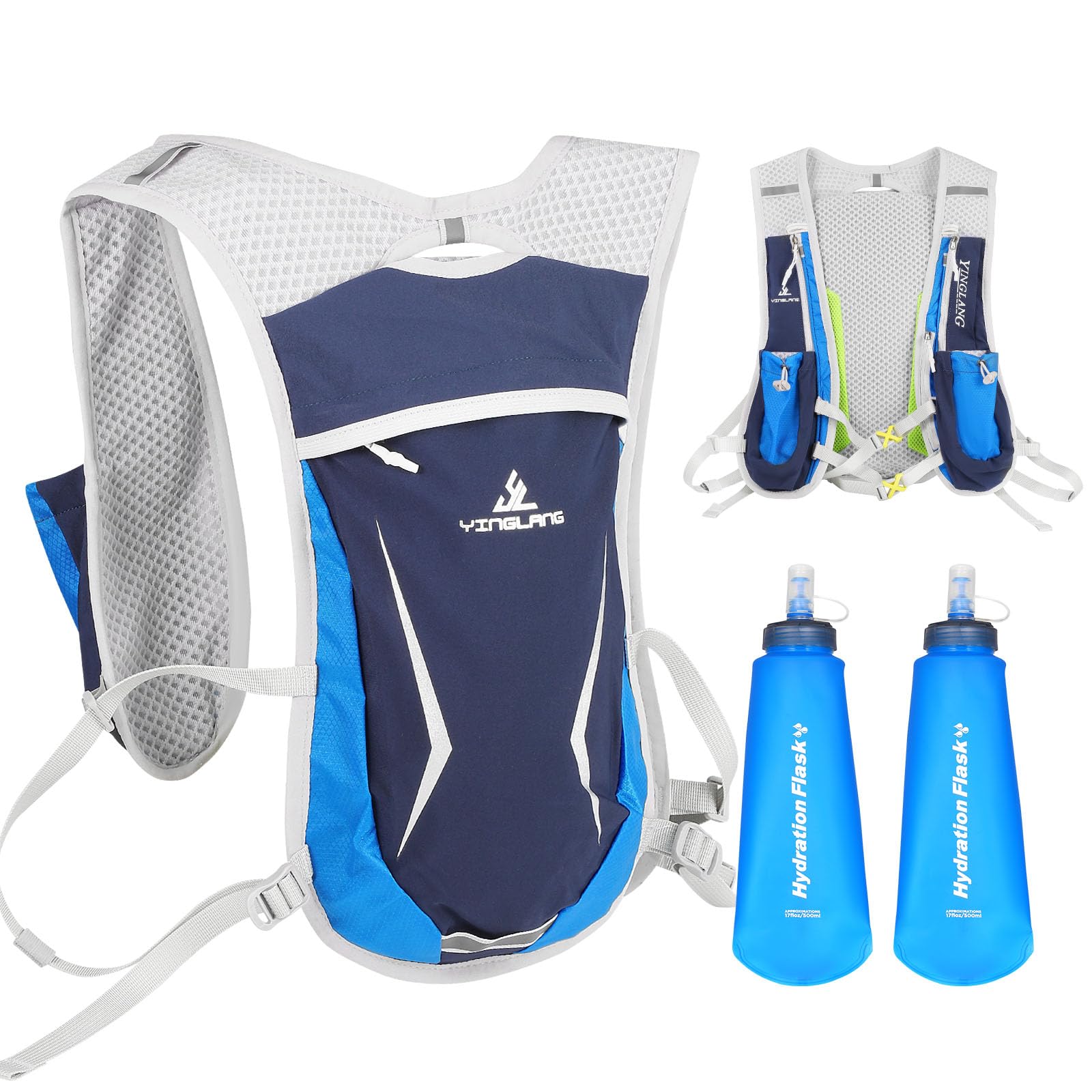 QCXWCJWD Running Vest Backpack, Lightweight Breathable Bike Backpack, Cycling Hydration Water Backpack with 2pcs 500ml Soft Flask, Outdoor Sports Trail Racing Marathon Hiking Fitness Bag(Blue)