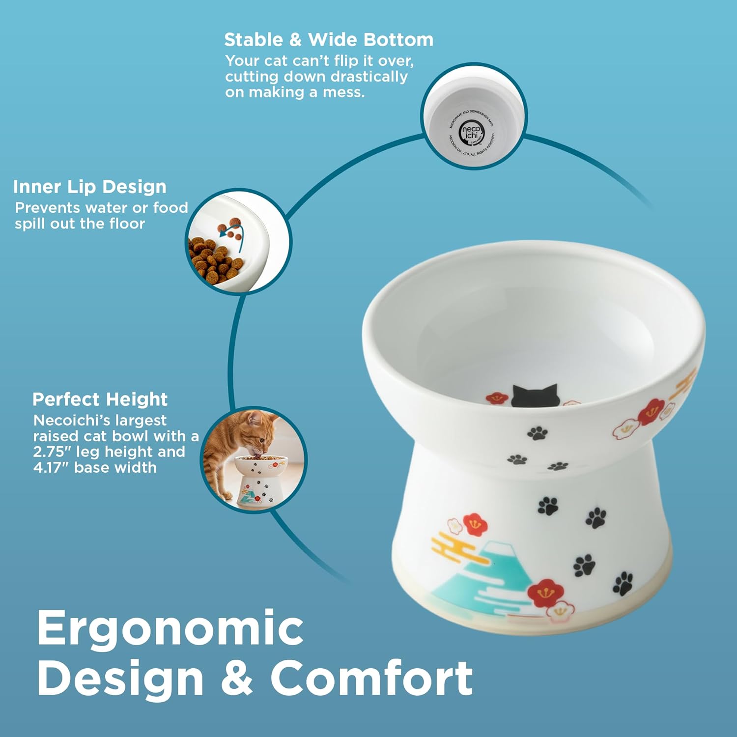 Necoichi Raised Cat Food Bowl – Ceramic Elevated Cat Bowl for Whisker & Neck Fatigue, Dishwasher Microwave Safe – Non-Slip & Anti Vomiting Ergonomic Design (Fuji, Large, 2-Cup Capacity)