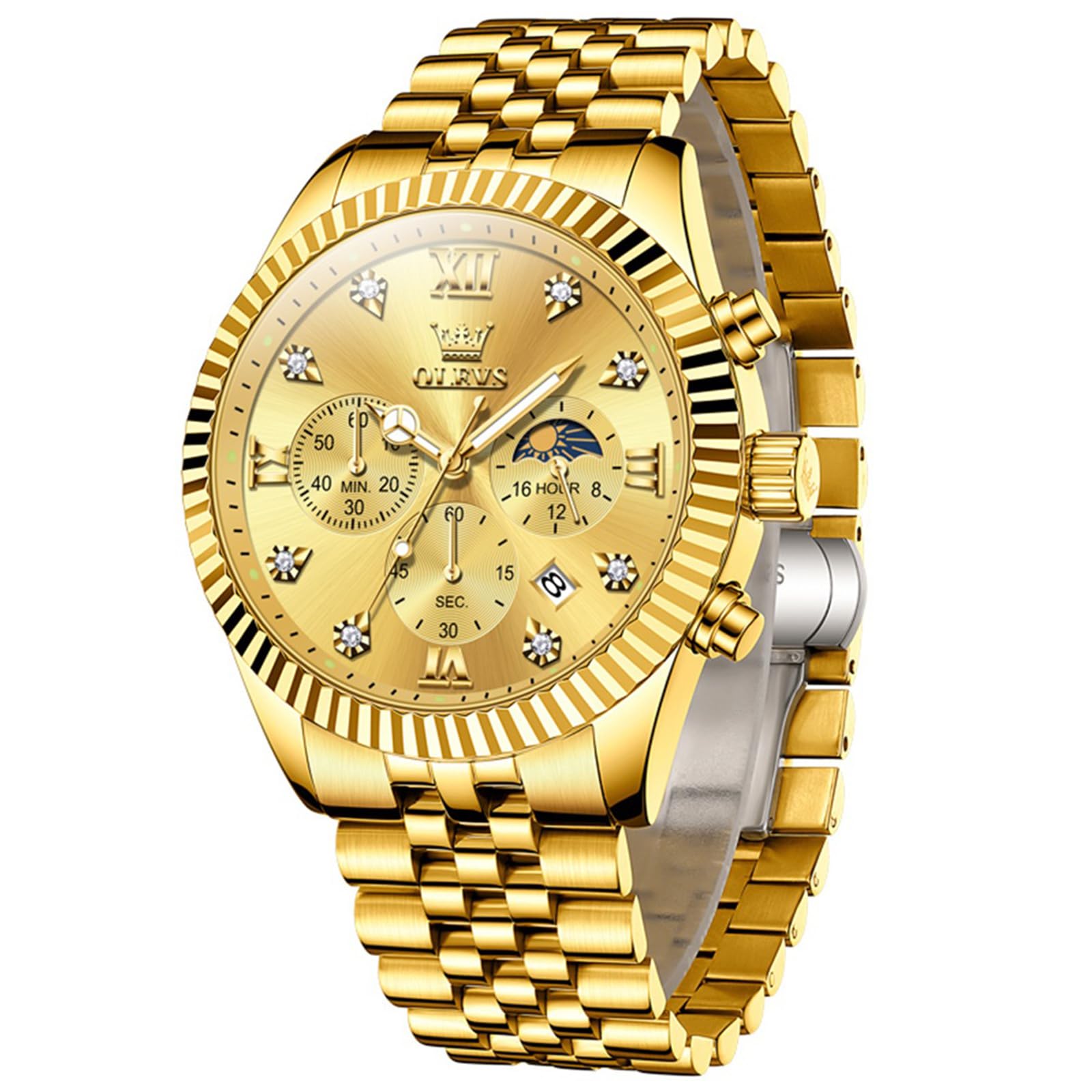 OLEVS Edelstahl Armbanduhr Herren Wasserdicht, Modern Groß Uhr Herren mit Datum, Quarz Analog Leuchtziffern Herrenuhren mit Metallarmband Geschenke für Männer Geschenke