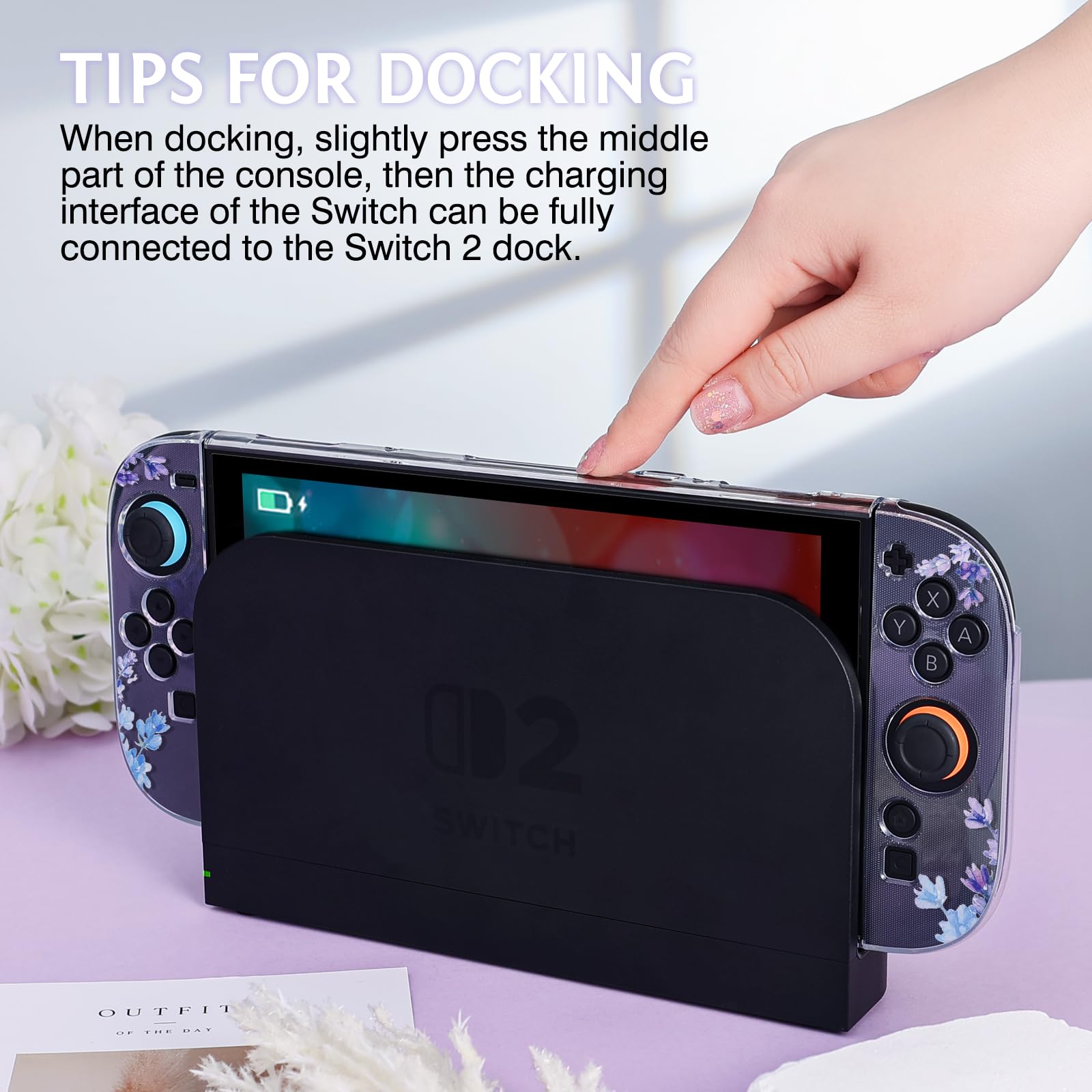 DLseego Protective Case Flower Floral Clear Switch 2 (2025), Detachable Joy-Handle Protective Case 2-Piece Split Full Wrap PC Hard Shell Anti-Scratch All-Round Protection Cover, Lavender, Purple - 5