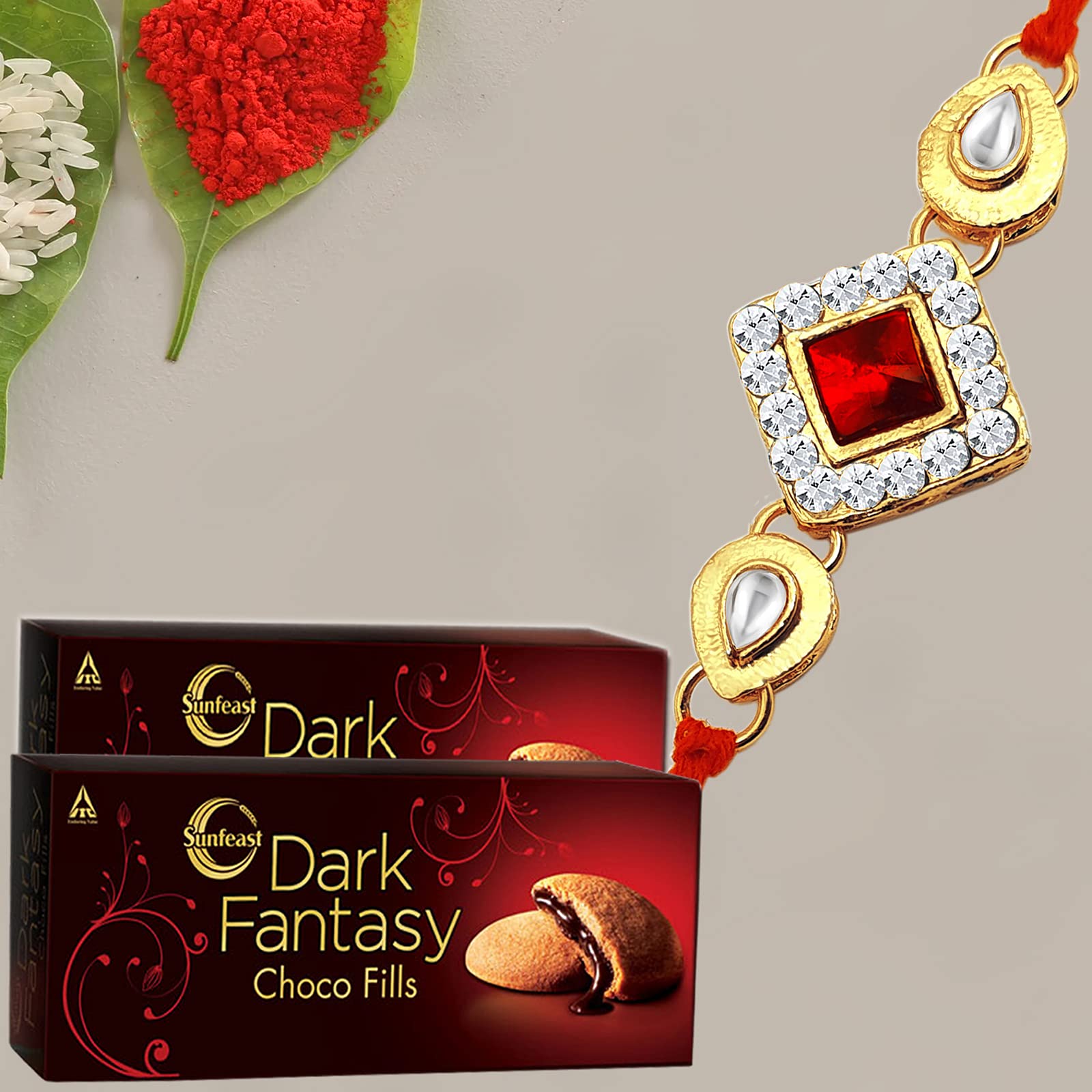 ascension Kundan Meena Design Rakhi Raksha Bandhan Gift Band Moli Bracelet Design Rakhi for Brother bhaiya bro with 2 Dark Fantasy Cookies & Roli Pack (Pack of 4) 1