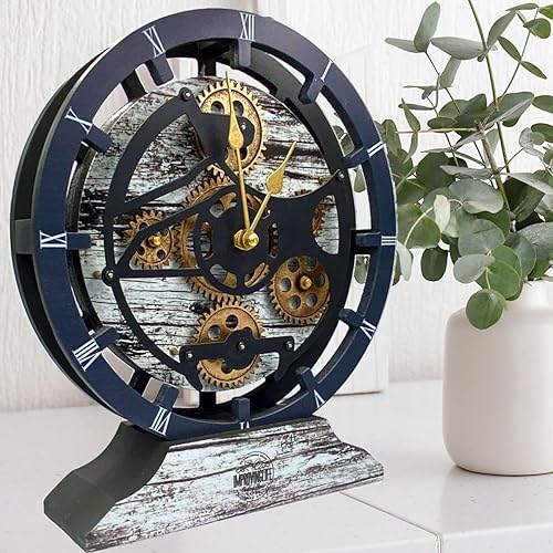 Reloj de escritorio de 10 pulgadas con engranajes reales convertibles en reloj de pared (gris y blanco)