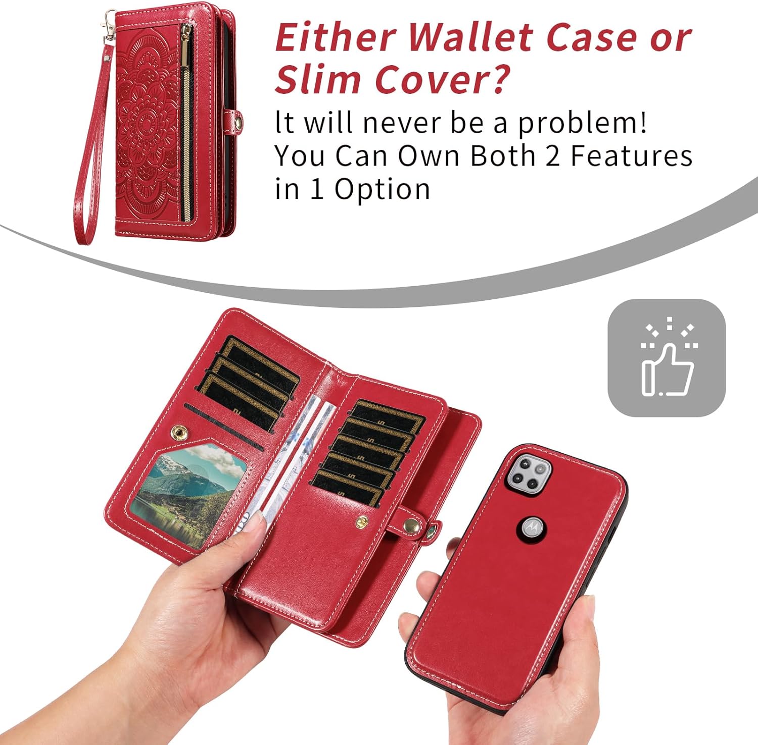 Asuwish Phone Case for Motorola Moto One 5G Ace/G G5 2021 Zipper Wallet Magnetic Cell Cover with Screen Protector Wrist Strap Flower Card Holder MotoOne 1 One5G UW Ace 6.7 XT2113-3 XT2113-5 Women Red