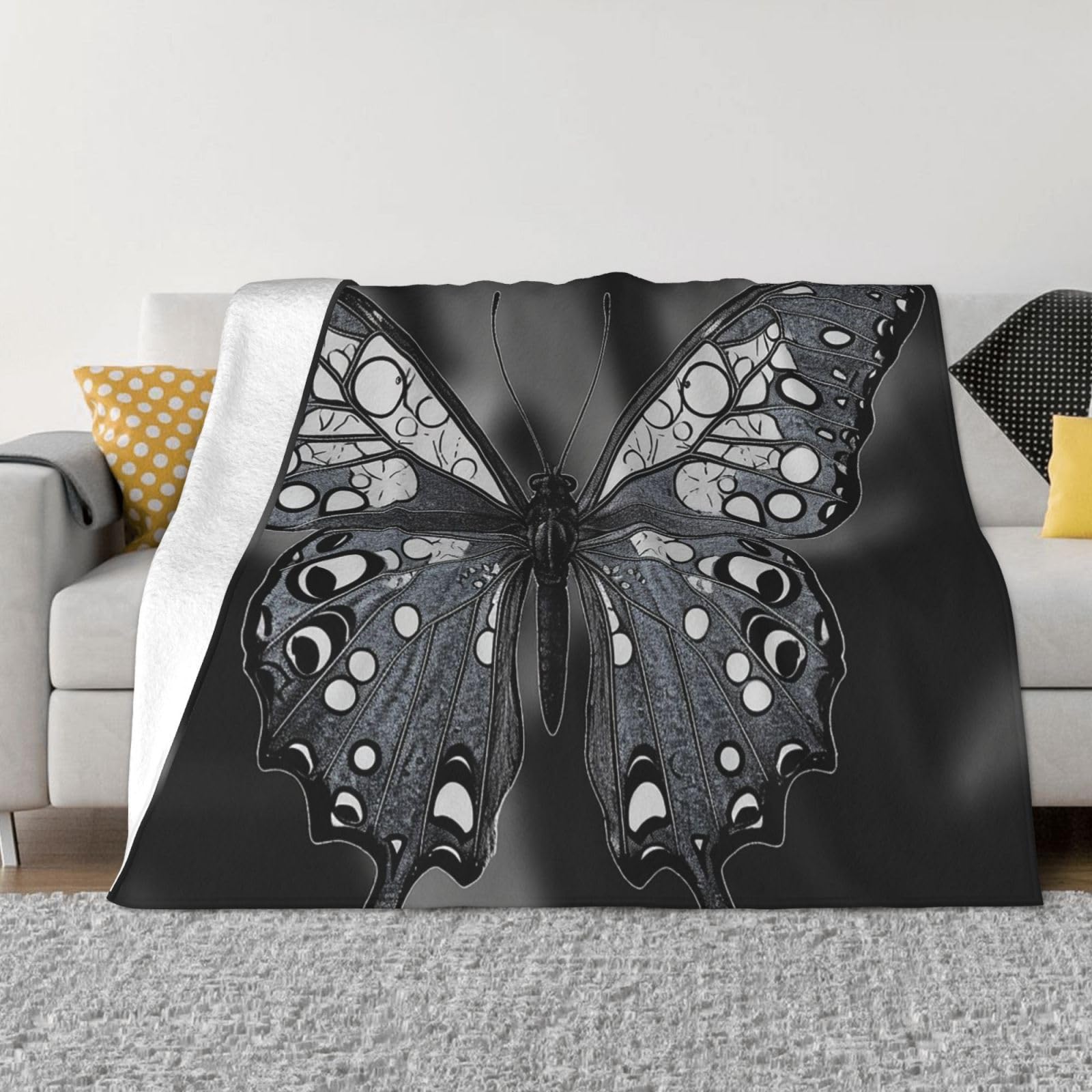Couverture micro polaire 152x203 cm motif papillon noir pour lit et canapé