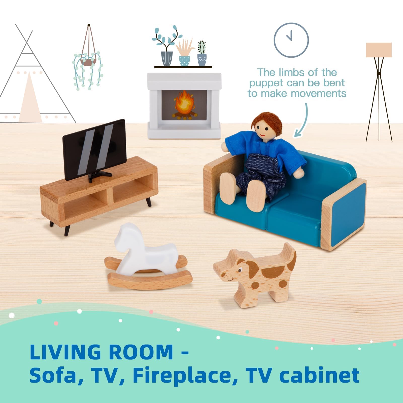 OOOK Puppenhaus Möbel Holz Set, 26 Teilige Möbel mit 4 Familienpuppen Miniaturmöbel, Puppenhauszubehör Holz für Mädchen und Jungen ab 3 Jahre