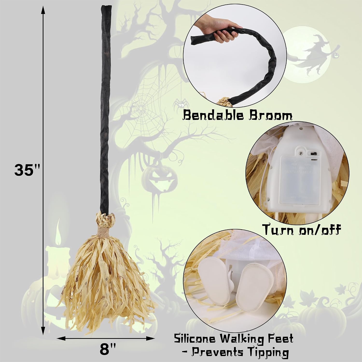 DR.DUDU Witches Broom Halloween Decor - 35" Animated Light up Moving Broomstick with Spooky Sounds, Dancing Magic Witch Broom for Indoor & Outdoor Porch Halloween Party Decorations