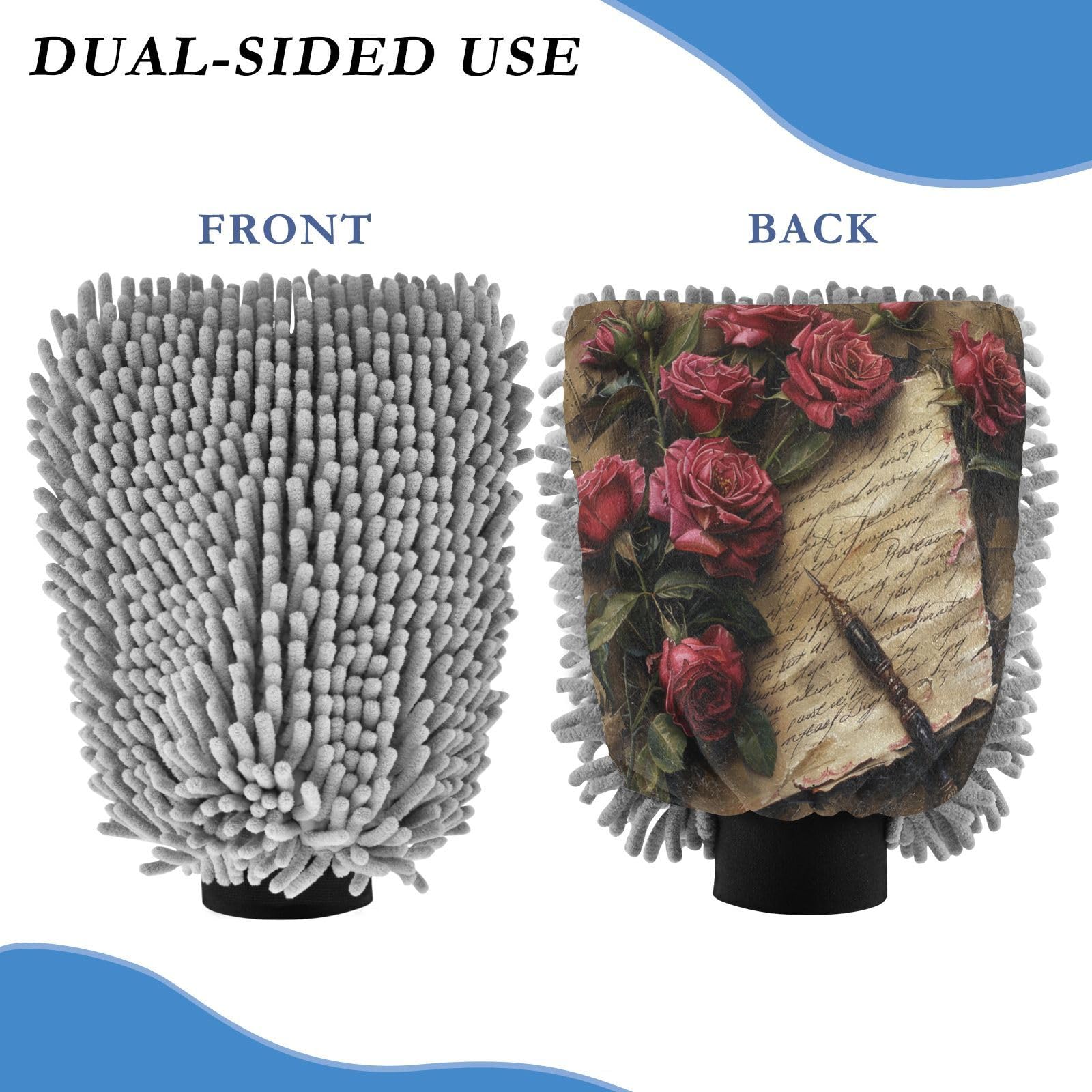 ALAZA Red Rose Pen Letter Car Wash Mitt Scratch Free, 2 Pack Absorbent Microfiber/Chenille Washing & Drying Mitts, L