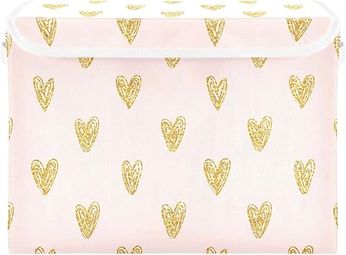 Bolsas de almacenamiento plegables con corazones dorados para el día de San Valentín, contenedores de almacenamiento de tela con asa reforzada,