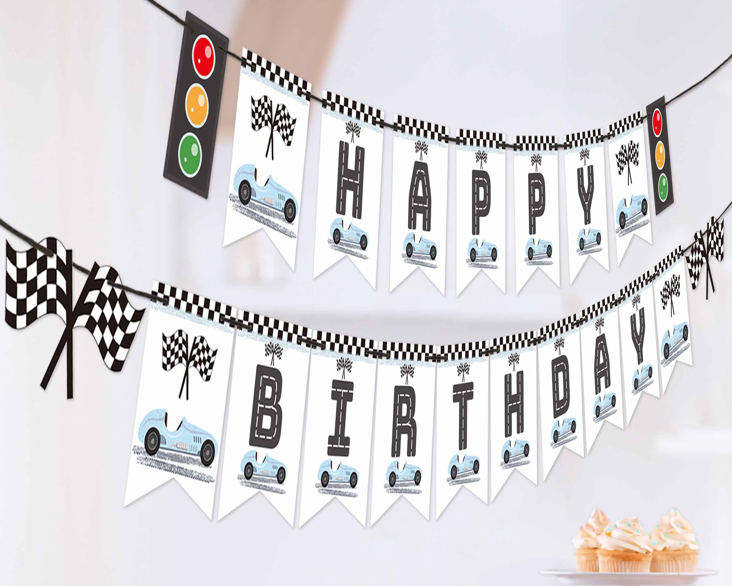 Vintage Race Car Happy Birthday Banner, Formula 1 Birthday Fast One banner, Two Fast Car Party Flag Decorations
