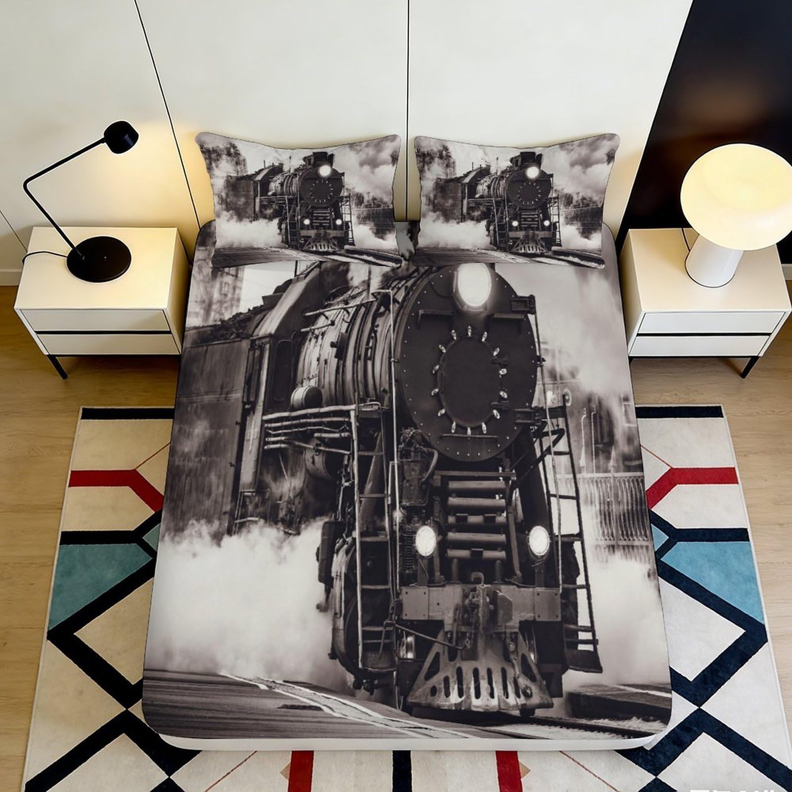 3D Printed Steam Train Fitted Sheet Microfiber Black White Locomotive Bed Cover for Bedroom Guest Room Dorm Mattress Protection 140x200x25cm