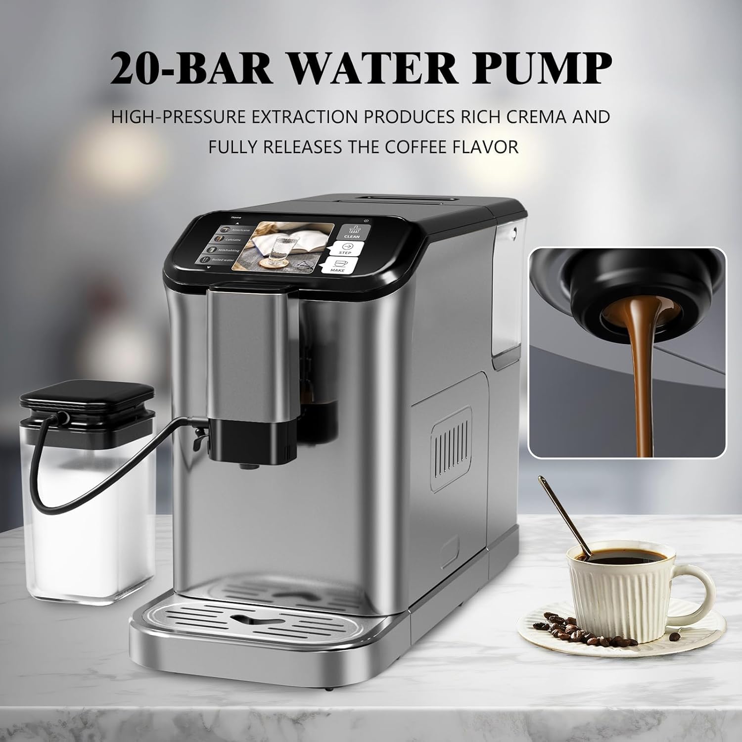 20Bar Fully Auto Espresso Machine With Dual Boiler and ‌Zero Cleaning Hassle‌, LCD Touch Barista Espresso Maker for Home Office, Entertaining - 24/7 Coffee Maker for Coffee Lovers