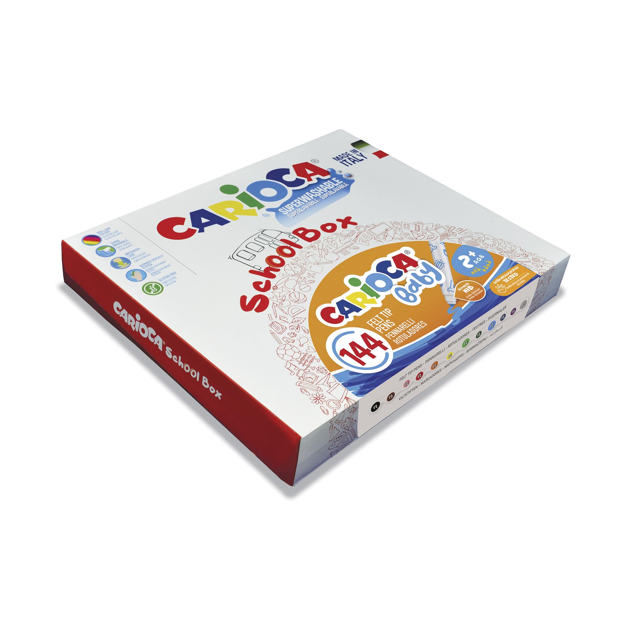 CARIOCA School Box Valorous Marker, Set Pennarelli con Punta Arrotondata per Bambini dai 24 Mesi, Inchiostro Super Lavabile, Pennarelli per Colorare Grandi Superfici, 144 Pezzi