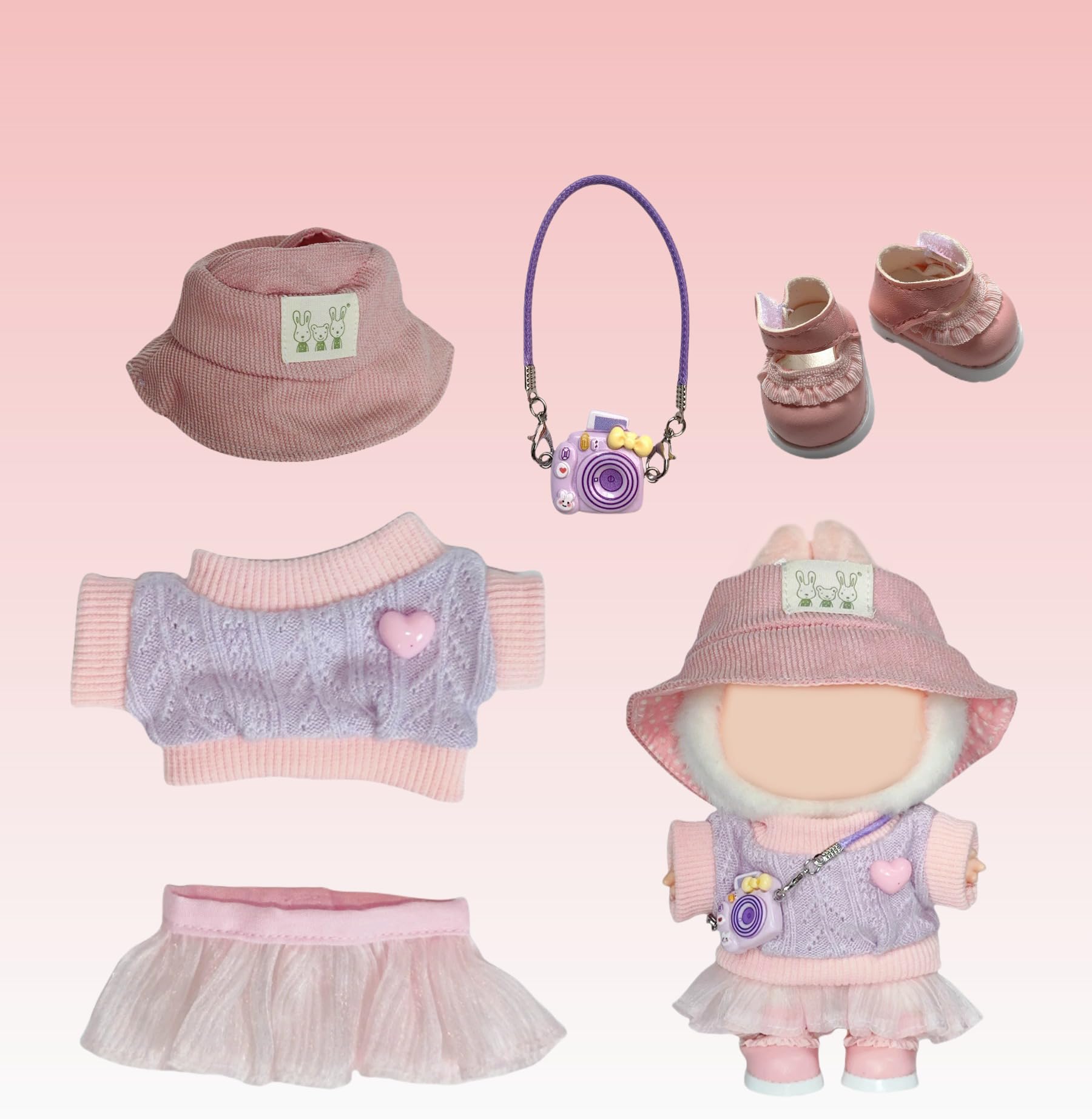 Conjunto de 5 piezas de 6.7 in para muñeca, parte superior de punto, conjunto de moda para figuras coleccionables, sombreros, vestidos, faldas, accesorios colgados, cámaras, zapatos) no incluye muñeca 2