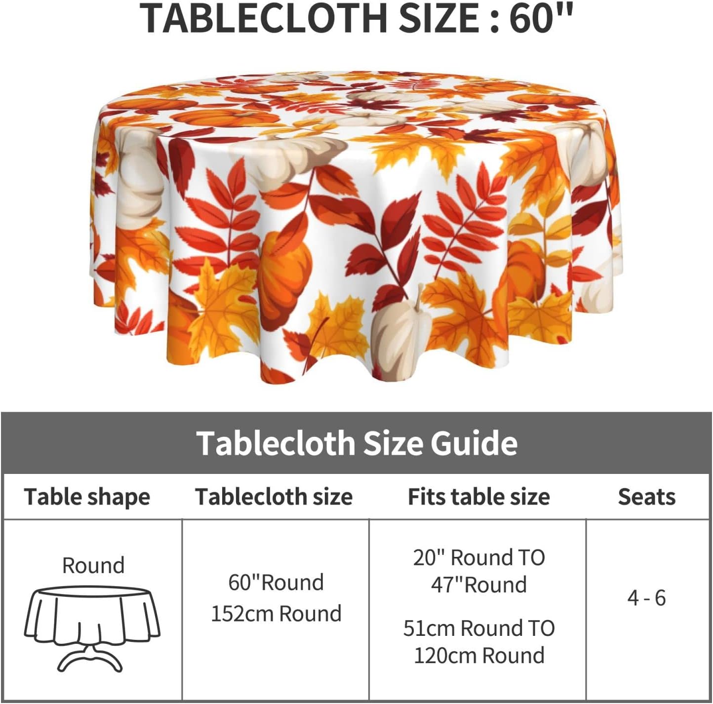 Fall Pumpkin Round Tablecloth - 60 Inch Diameter Waterproof & Heat Resistant - Mint Green With Peach Pumpkins