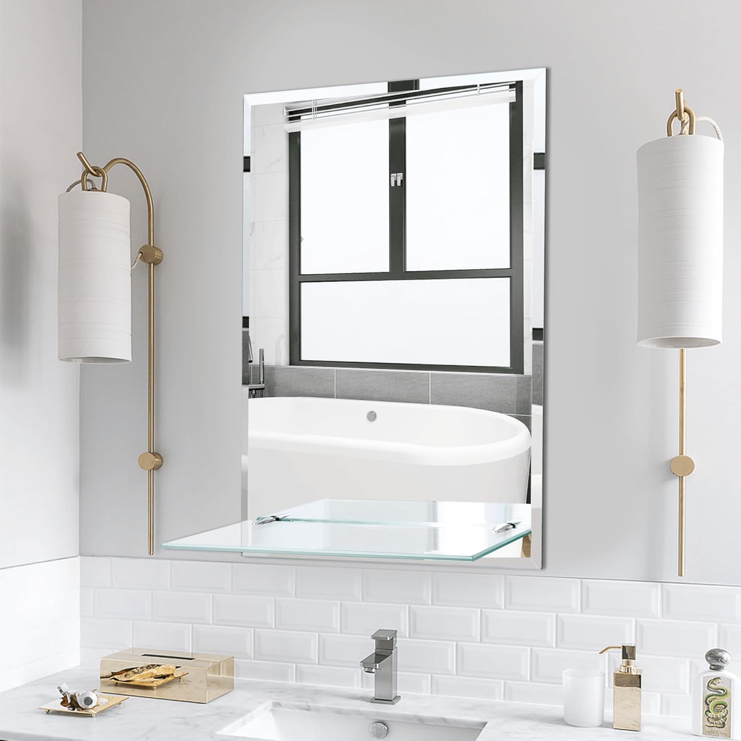PANDEELS 16 x 24 Inch Frameless Mirror with Glass Shelf