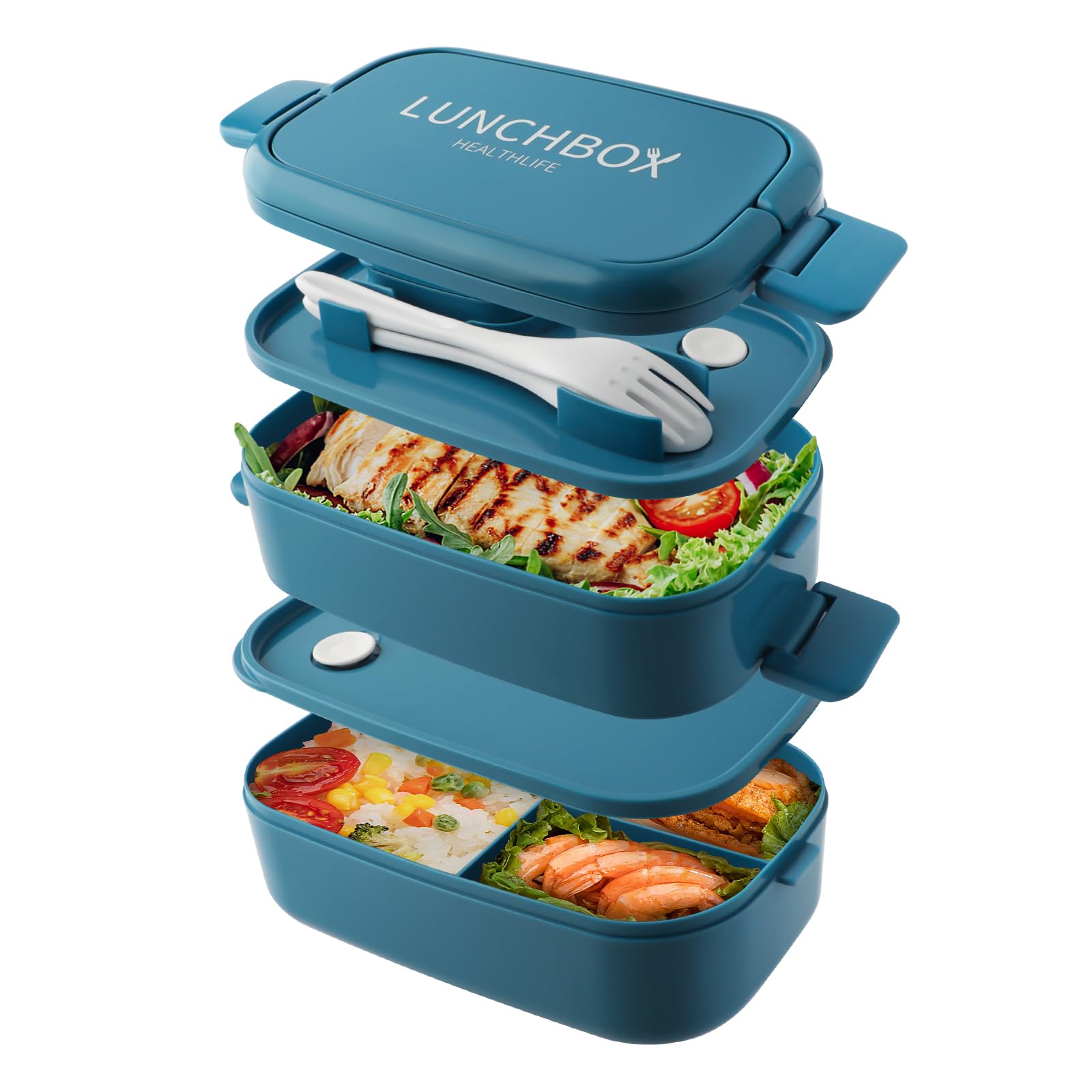 Beeptrum Bento Lunch Box Stackable,1500ml Containers with 4 Compartments and Cutlery, Leakproof 2 Layer Boxes, for Adults Kids Office, Microwave Dishwasher Safe (Pure Blue)