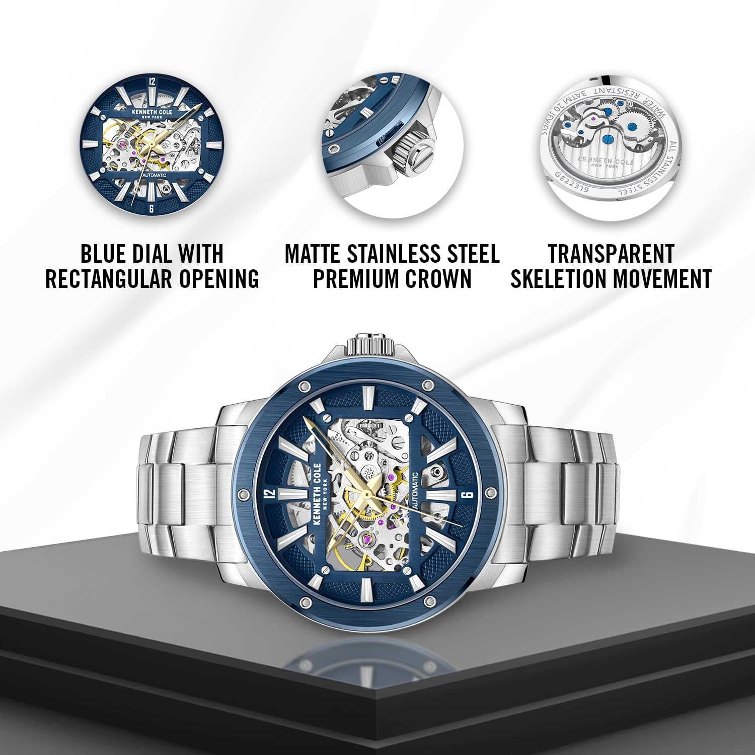 Kenneth Cole New York Men's Watch - Luxury, Stainless Steel, Automatic, Water-Resistant, Sleek Design Analog Watch with Skeleton Transparent Dial for Men image 4 of 5 B0B95P39VV