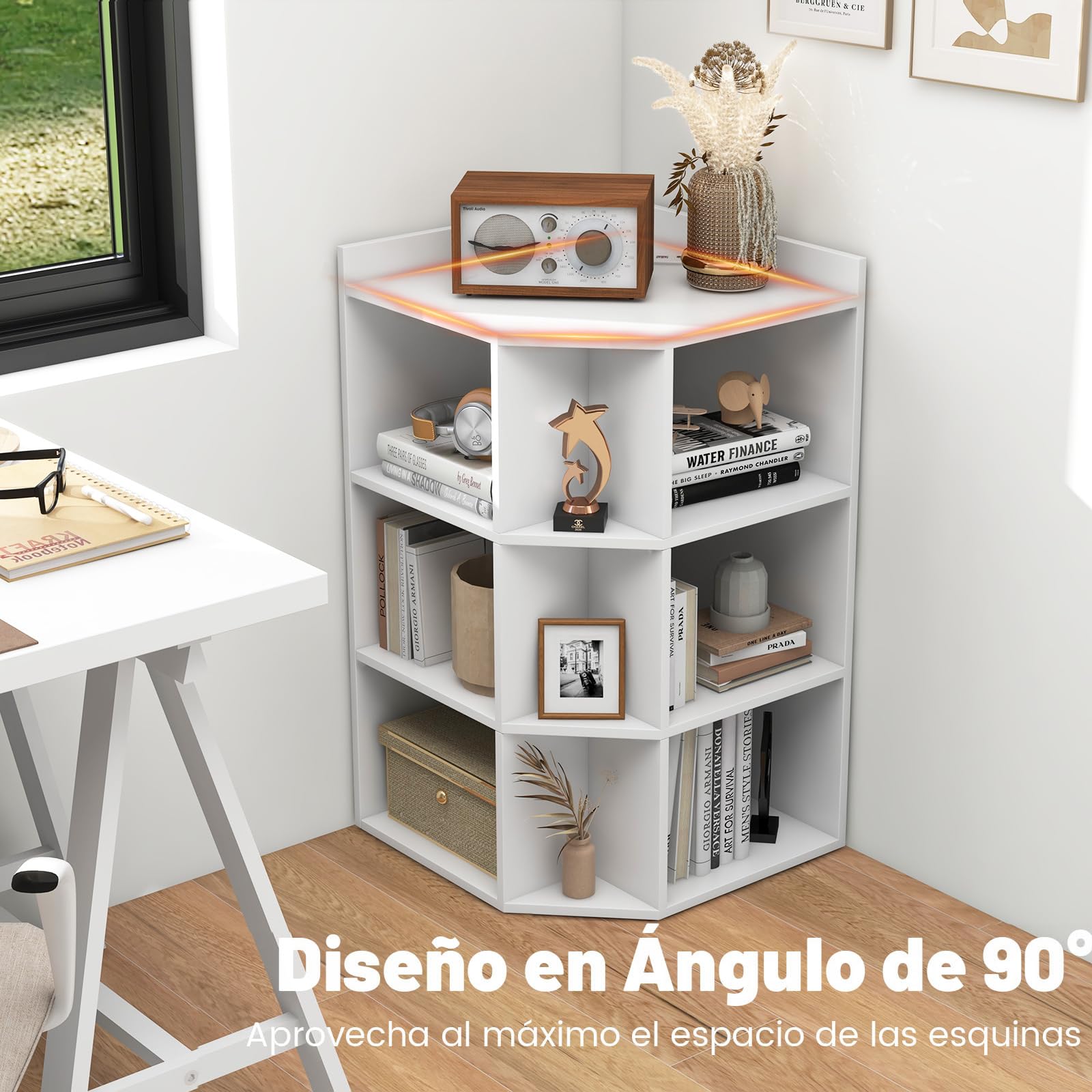GIANTEX Librería Esquinero de 3 Niveles, Estantería de Almacenamiento con 9 Compartimentos Abiertos, 51 x 71,5 x 86 cm, con Puertos de Carga, Librería Triangular para Salón, Estudio (Blanco)
