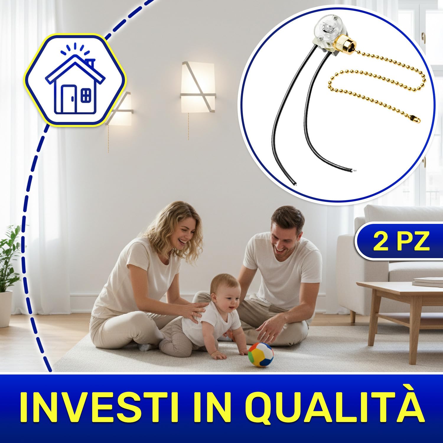 2 Pezzi Interruttore a Corda per Luce con Catena da 300 mm 750W 220-240V - Garanzia di 10 Anni - MONTERAL